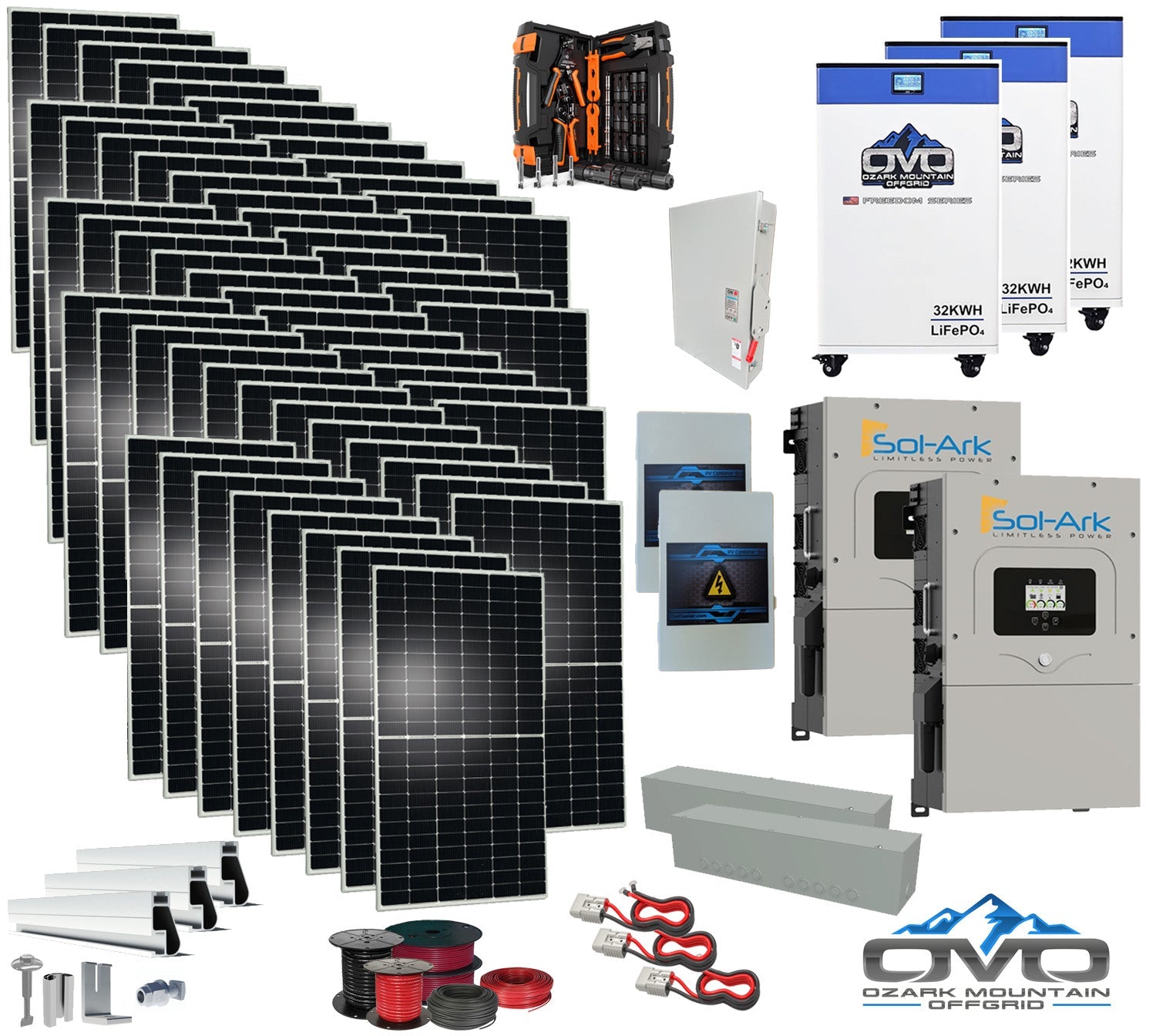 30KW Complete Offgrid Solar Kit + 2x 15K Sol-Ark Inverter + 3x 32kWh OMO 48V Freedom Series Lithium Battery + 30.8KW Solar with Roof Mount Rails and Wiring (SC)