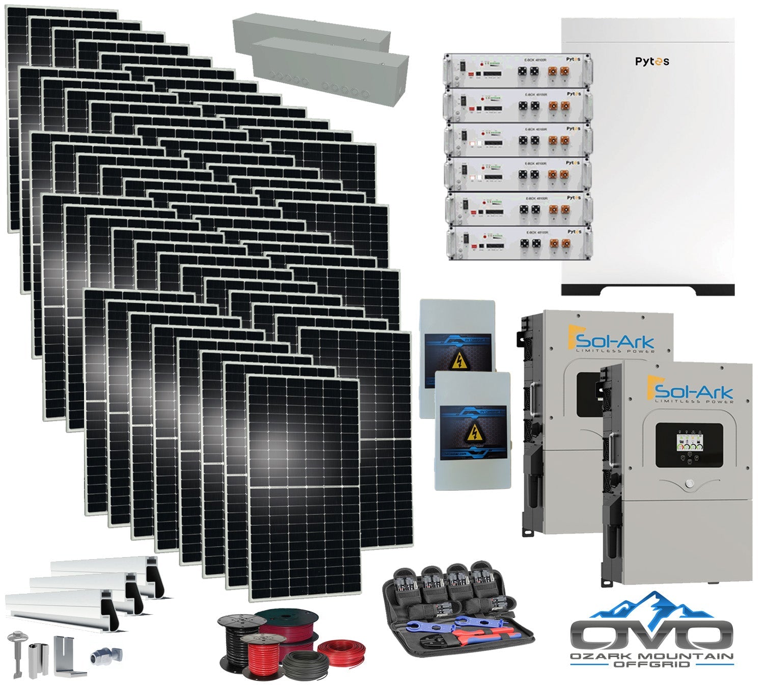 30KW Complete Offgrid Solar Kit - 30.72KW Pytes Lithium Battery + 2x 15K Sol-Ark Inverter +30.8KW Solar with Roof Mount and Wiring (SC)