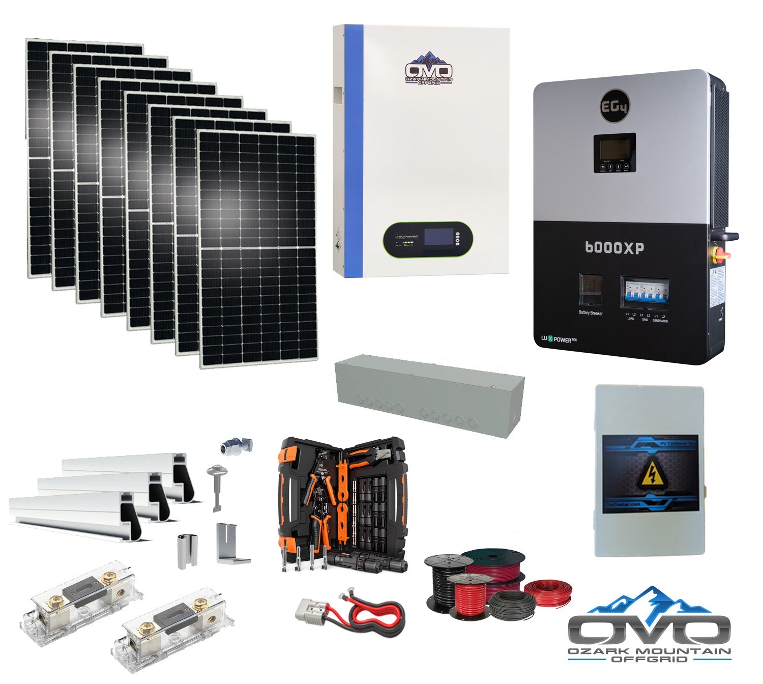 4.4KW Complete Offgrid Solar Kit + 6K EG4 6000XP Inverter + 5.12KW OMO 48V Patriot Lithium Battery + 4.4KW Solar with Roof Mounting Rails and Wiring (SC)