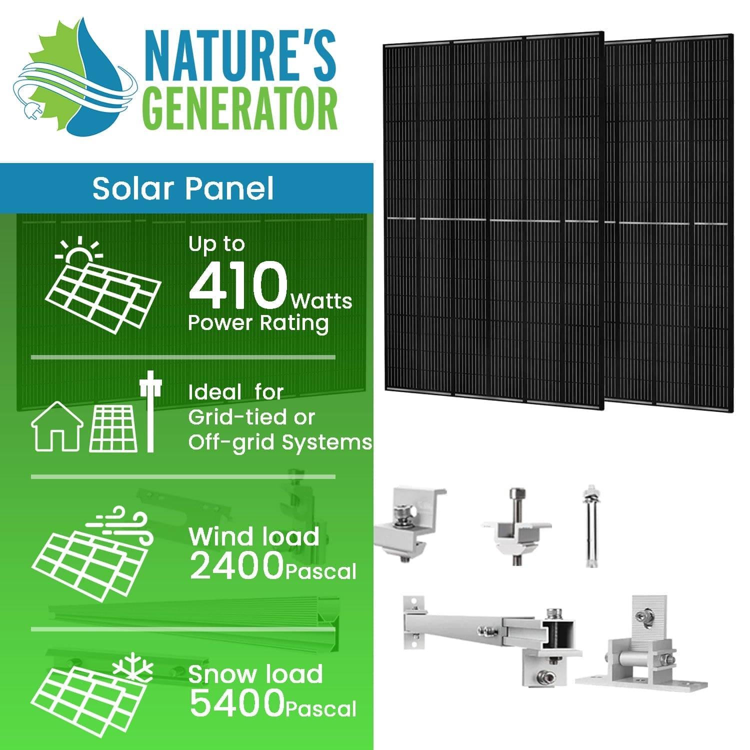 Nature's Generator - 410 Watt Monocrystalline Solar Panel (4 Pack) With Solar Panel Mount Rack (SC)