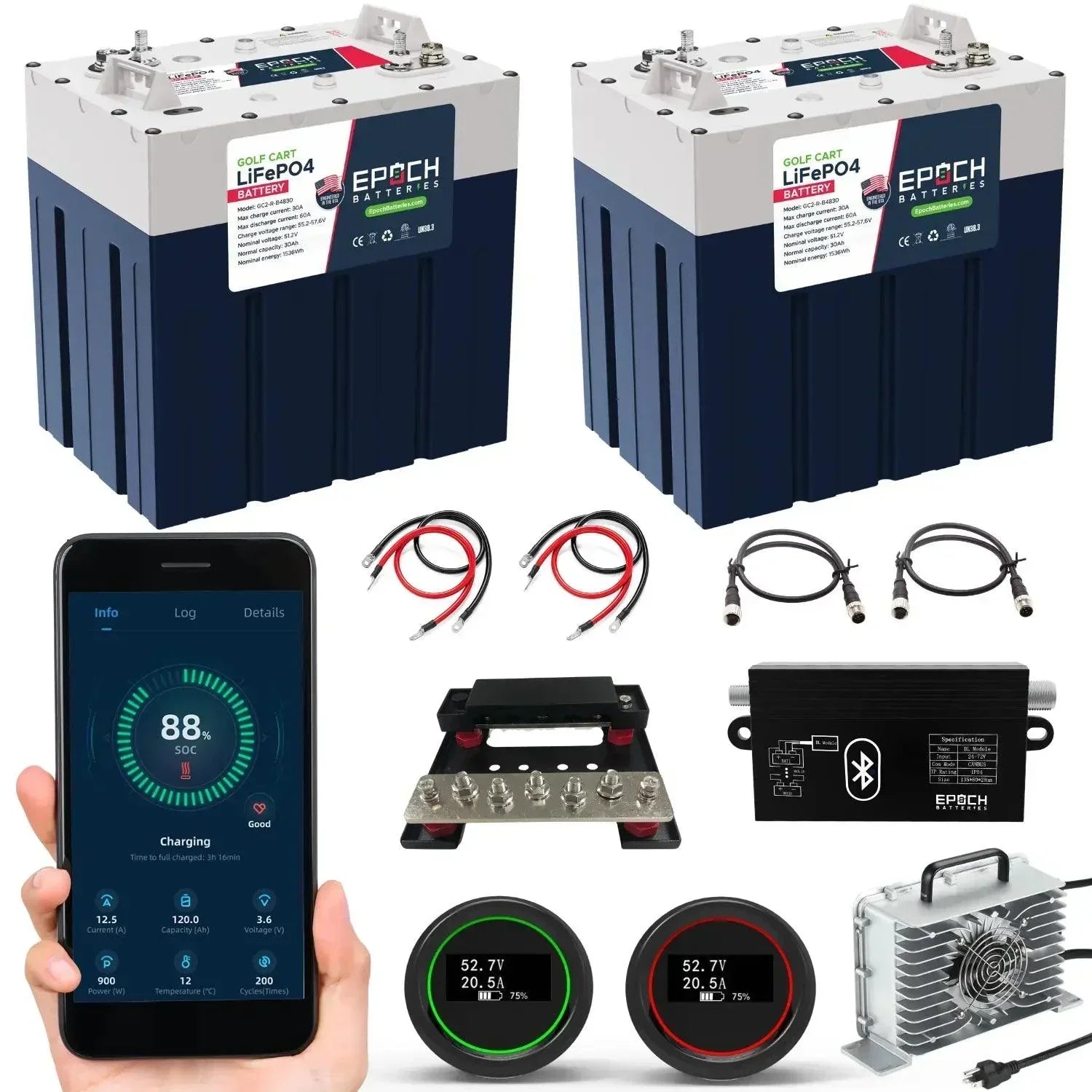 Epoch Batteries 48V 60Ah GC2 - Golf Cart LiFePO4 Lithium Battery - Complete Kit (SC)