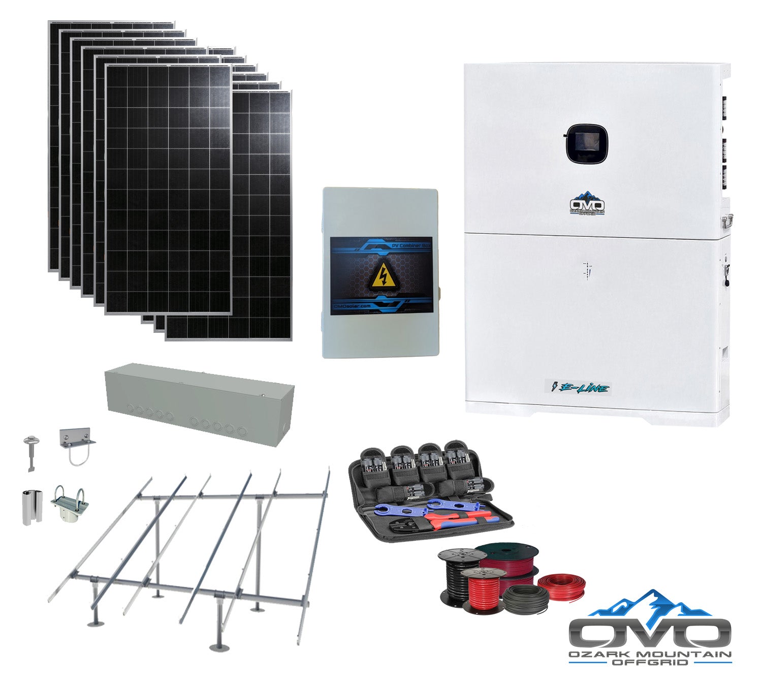 4.56KW Complete Offgrid Solar Kit + 10K 120V/240V OMO E-Line Inverter + 10.24KW OMO E-Line Lithium Battery +4.56KW Solar with Ground Mount and Wiring (SC)