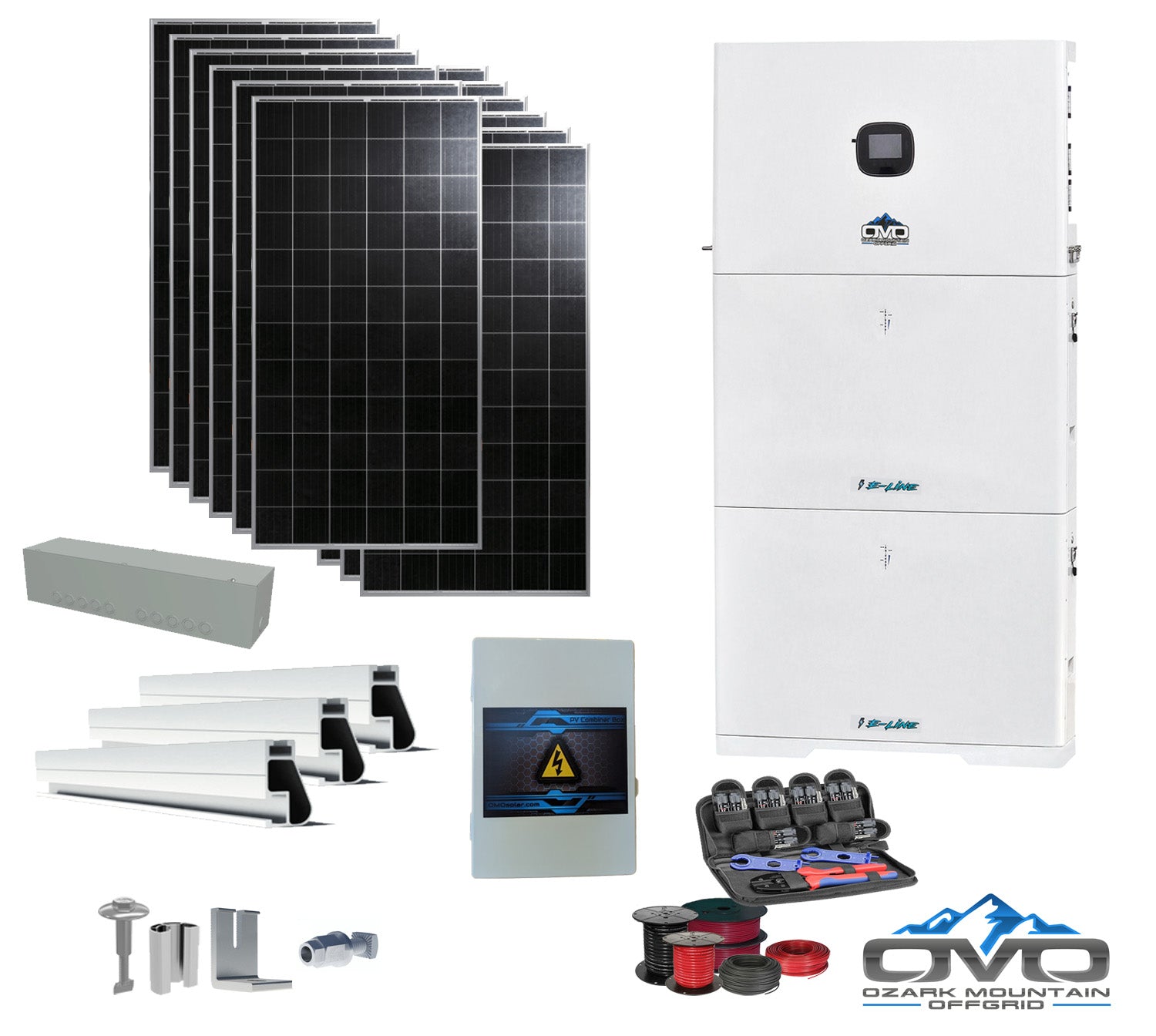 4.56KW Complete Offgrid Solar Kit + 10K 120V/240V OMO E-Line Inverter + 2x 10.24KW OMO E-Line Lithium Battery +4.56KW Solar with Roof Mount and Wiring (SC)