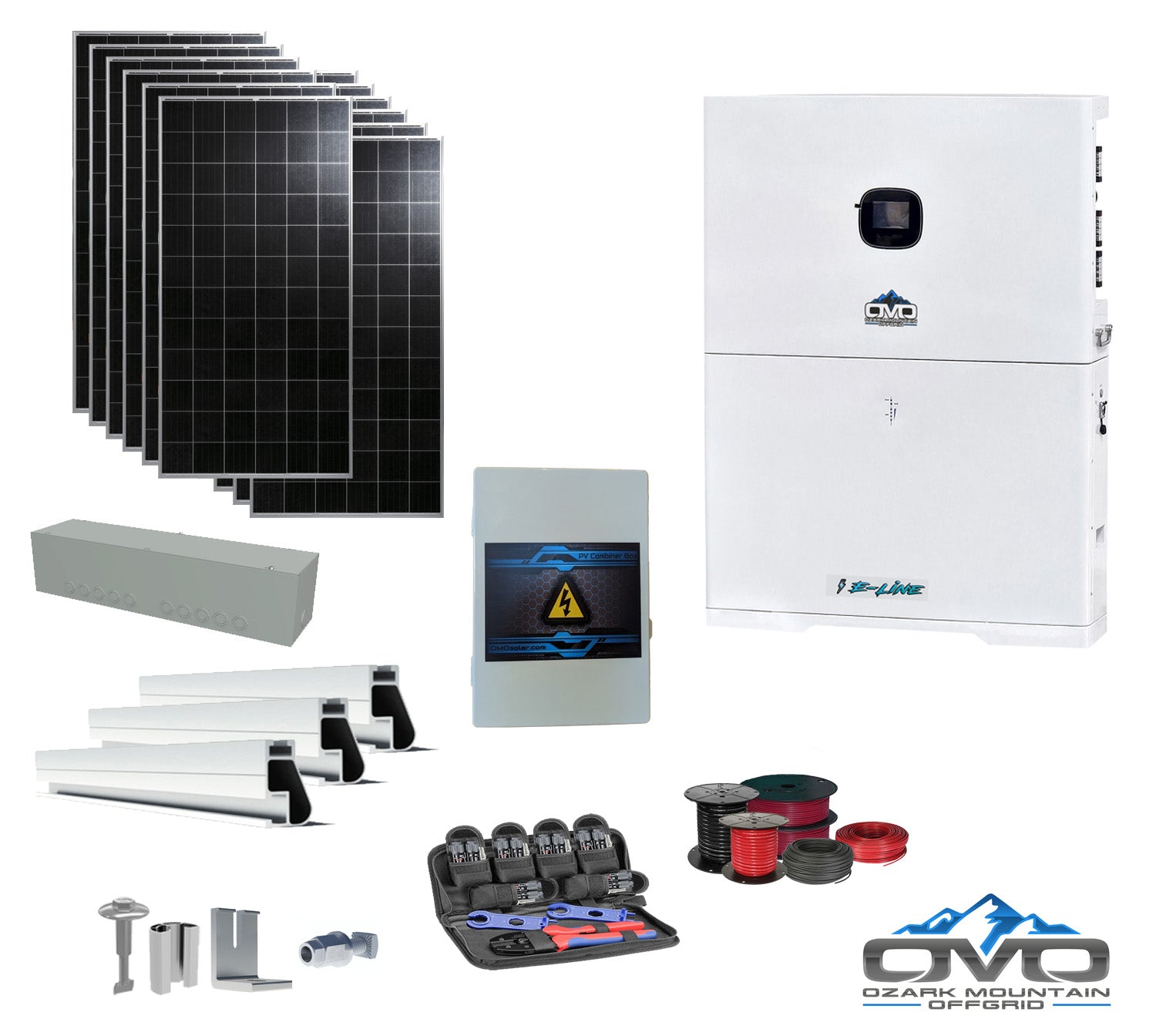 4.56KW Complete Offgrid Solar Kit + 10K 120V/240V OMO E-Line Inverter + 10.24KW OMO E-Line Lithium Battery +4.56KW Solar with Roof Mount and Wiring (SC)