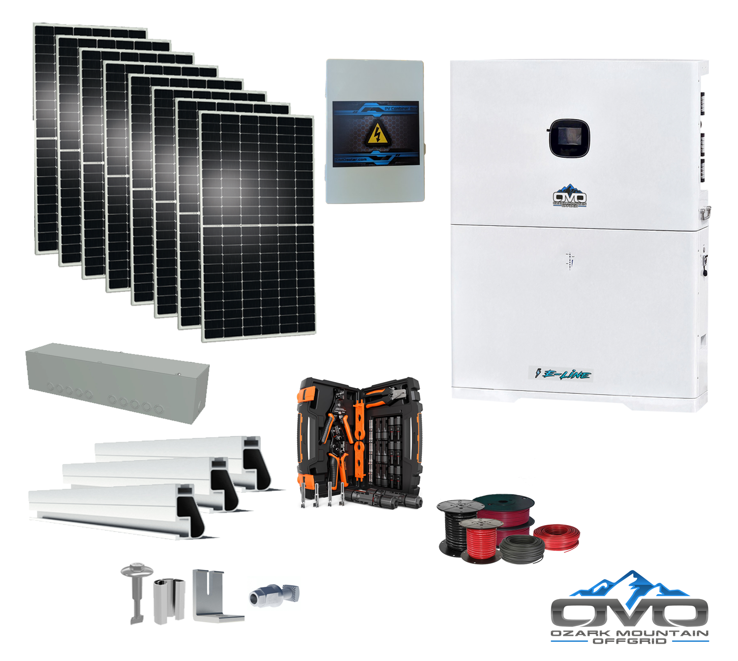 4.4KW Complete Offgrid Solar Kit + 10K 120V/240V OMO E-Line Inverter + 10.24KW OMO E-Line Lithium Battery +4.4KW Solar with Roof Mount and Wiring