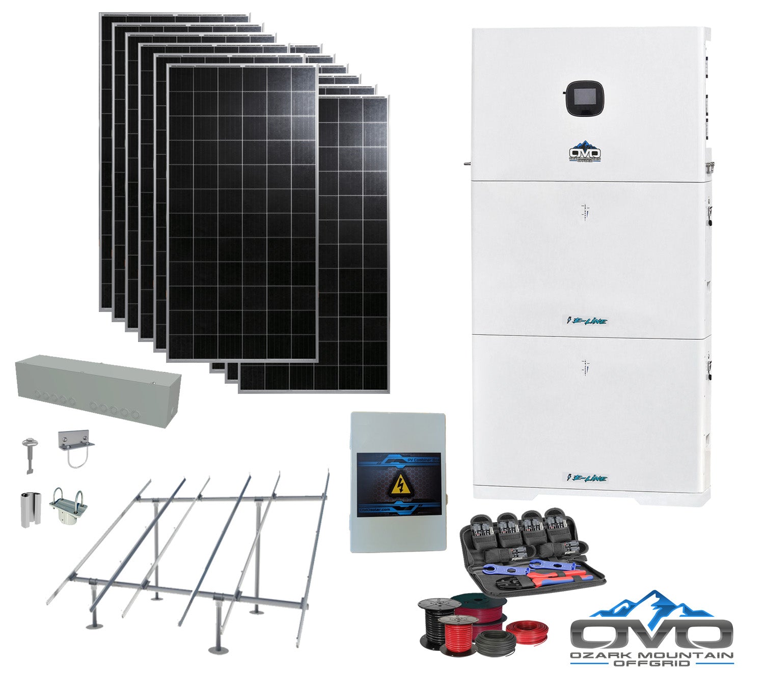 4.56KW Complete Offgrid Solar Kit + 10K 120V/240V OMO E-Line Inverter + 2x 10.24KW OMO E-Line Lithium Battery +4.56KW Solar with Ground Mount and Wiring (SC)