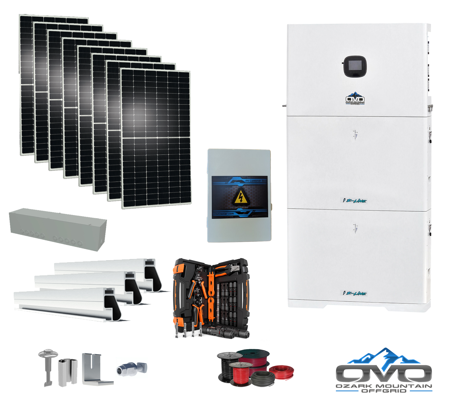 4.4KW Complete Offgrid Solar Kit + 10K 120V/240V OMO E-Line Inverter + 2x 10.24KW OMO E-Line Lithium Battery +4.4KW Solar with Roof Mount and Wiring