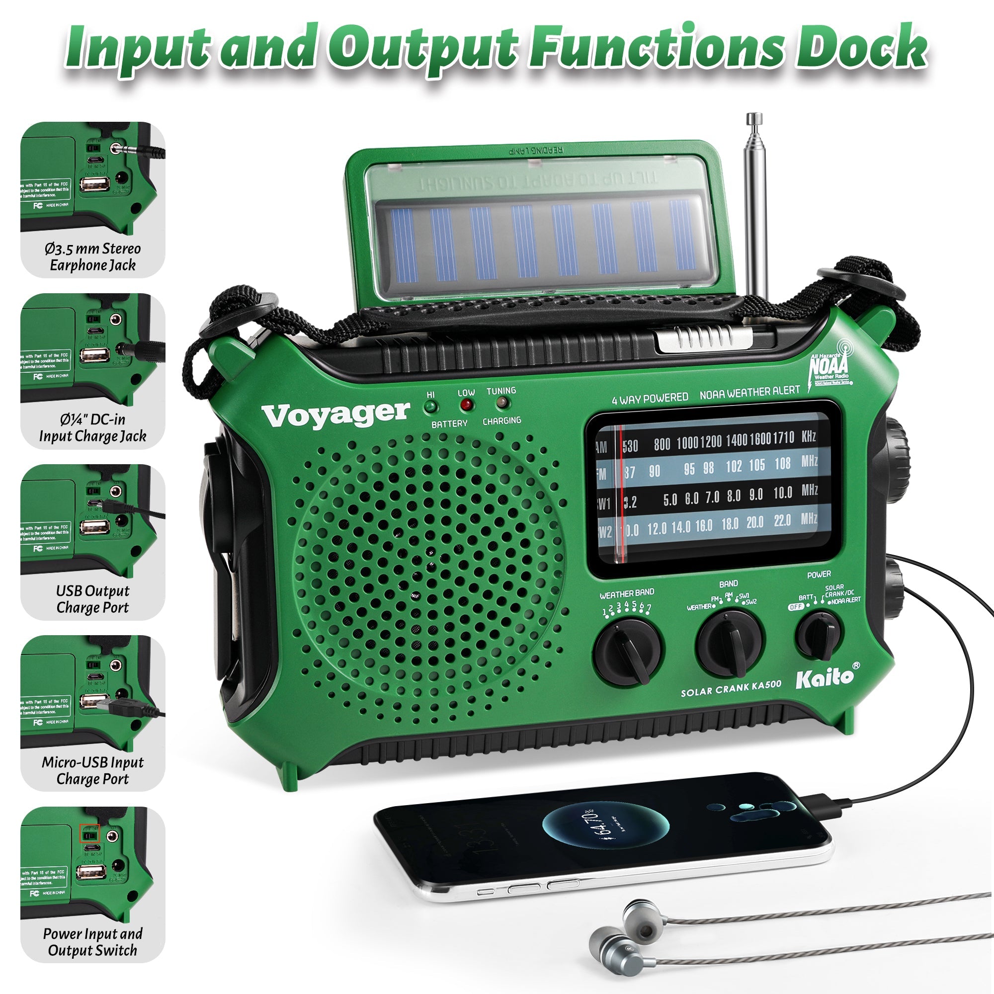 Kaito KA500 AM FM Shortwave Dynamo Solar Crank Emergency Weather Radio Green (SC)