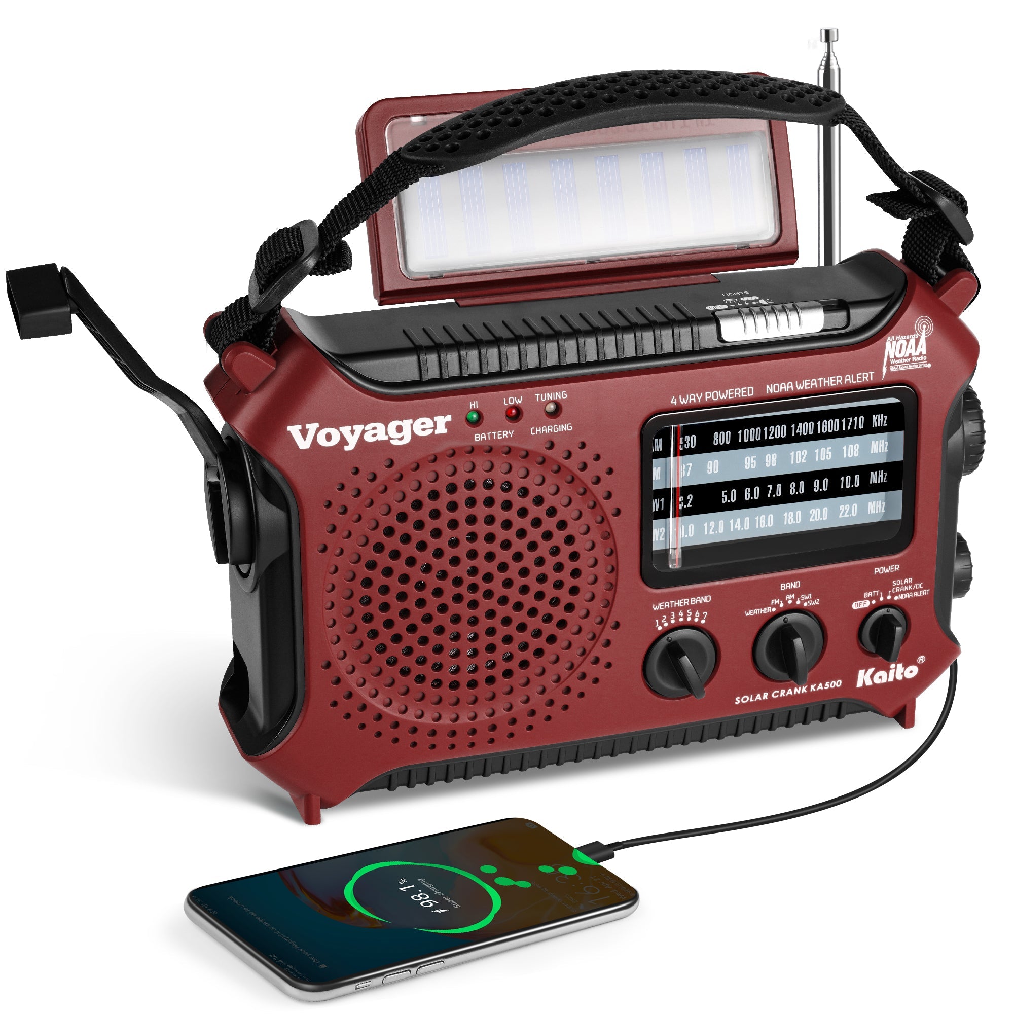 Kaito KA500 AM FM Shortwave Solar Crank Emergency Weather Alert Radio - Red (SC)