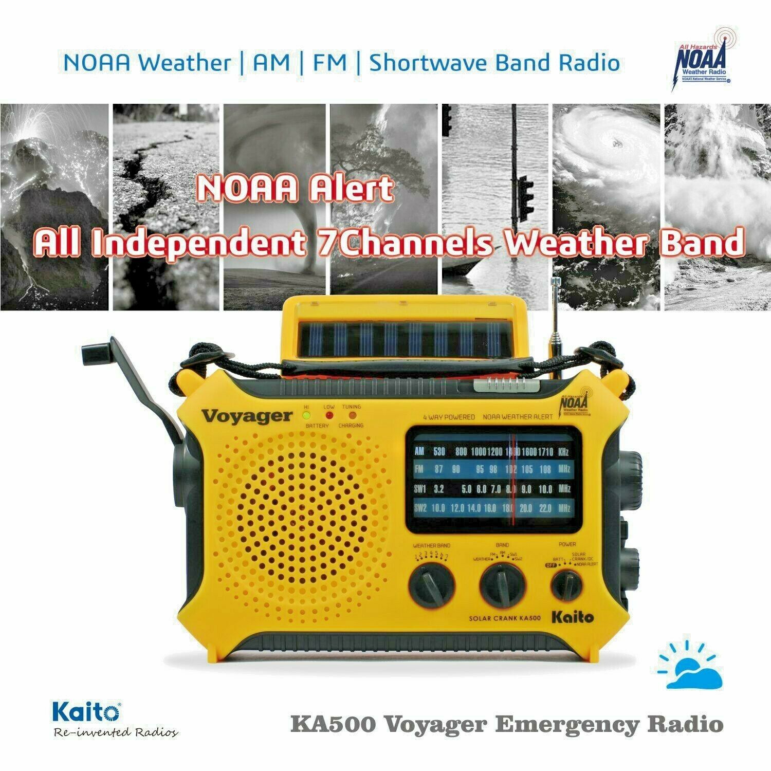 Kaito KA500 AM FM Shortwave Solar Crank Emergency Weather Alert Radio Yellow (SC)