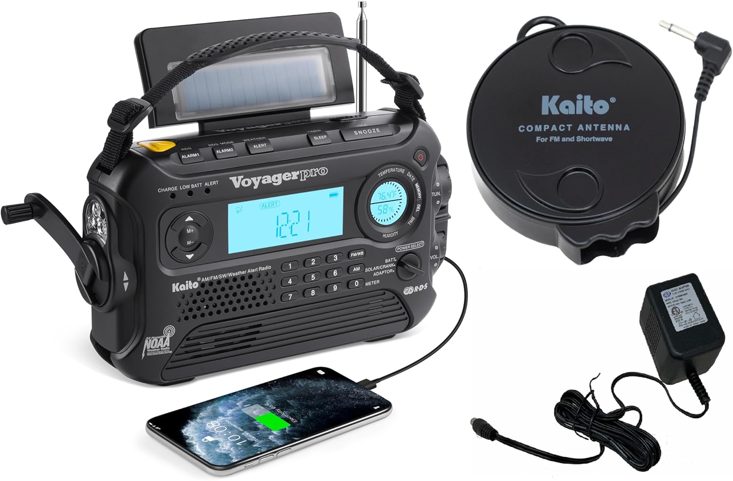 Kaito Voyager Pro KA600 Bundle Digital Solar Dynamo Wind Up Cranking AM/FM/LW/SW & NOAA Weather Emergency Radio with Flashlight, Reading Lamp Alert Smart Phone Charger with AC Adapter and T1 (SC)