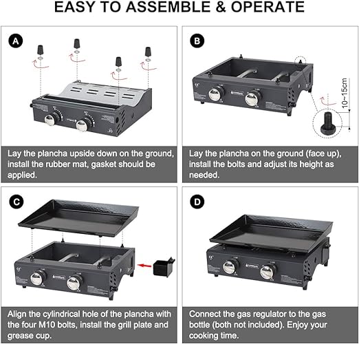 Camplux GP102B Portable 2 Burners Gas Plancha, Garden BBQ Griddle Grill 4.0kW, Outdoor Picnics, Suitable for Butane/Propane Gas