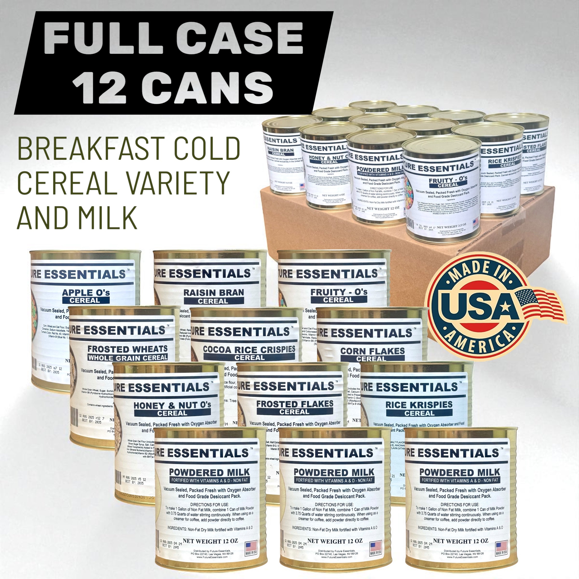 Case (12 Cans) of Future Essentials Canned Breakfast Cold Cereal Variety and Milk