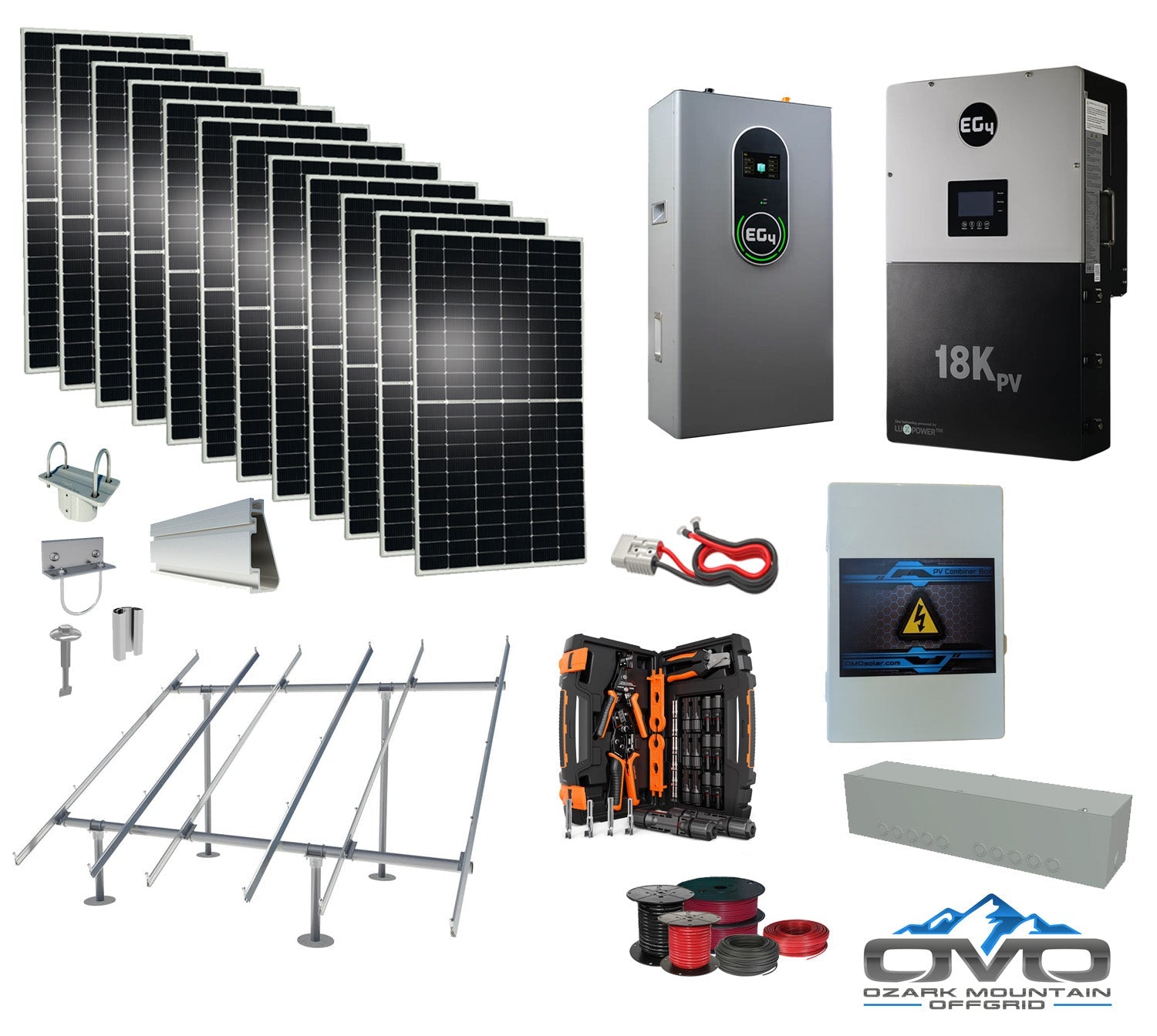 6KW Complete Offgrid Solar Kit + EG4 18kPV Inverter + 14.3KW 48V EG4 Lithium Indoor Wall Battery + 6.6KW Solar with Ground Mount and Wiring (SC)