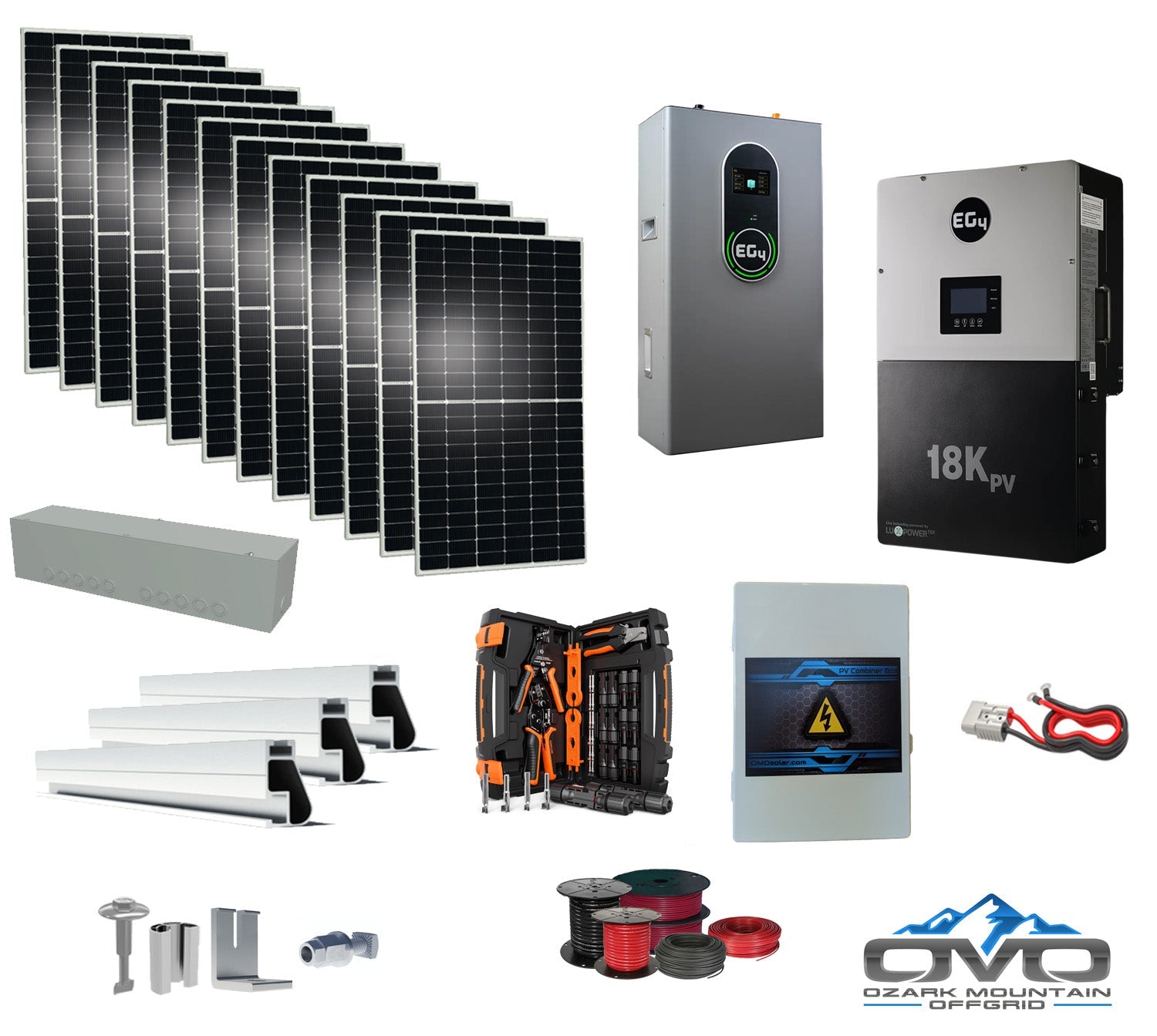6KW Complete Offgrid Solar Kit + EG4 18kPV Inverter + 14.3KW 48V EG4 Lithium Indoor Wall Battery + 6.6KW Solar with Roof Mounting Rails and Wiring (SC)