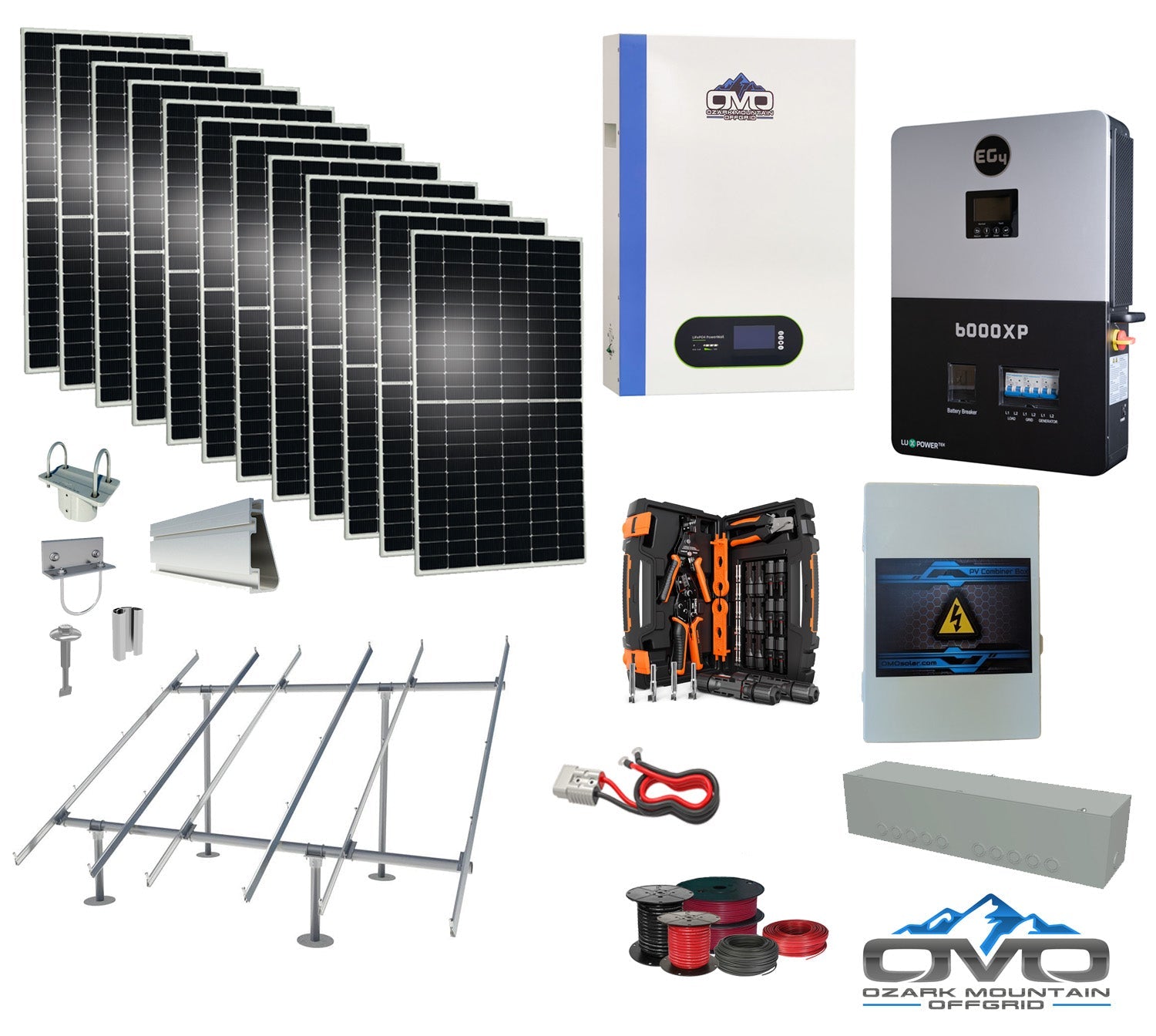 6KW Complete Offgrid Solar Kit + 6K EG4 6000XP Inverter + 5.12KW OMO 48V Patriot Lithium Battery + 6.6KW Solar with Ground Mount and Wiring (SC)