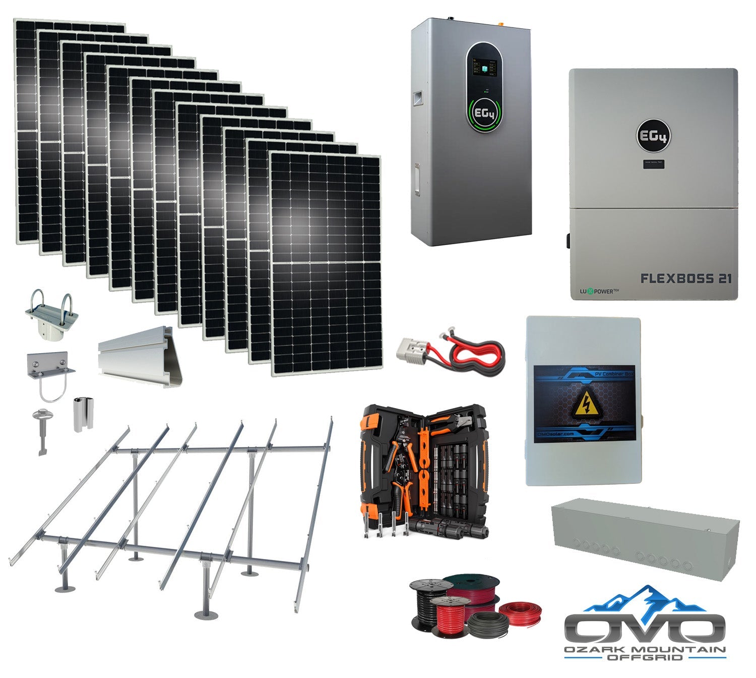 6KW Complete Offgrid Solar Kit + EG4 FlexBOSS21 Inverter + 14.3KW 48V EG4 Lithium Indoor Wall Battery + 6.6KW Solar with Ground Mount and Wiring (SC)