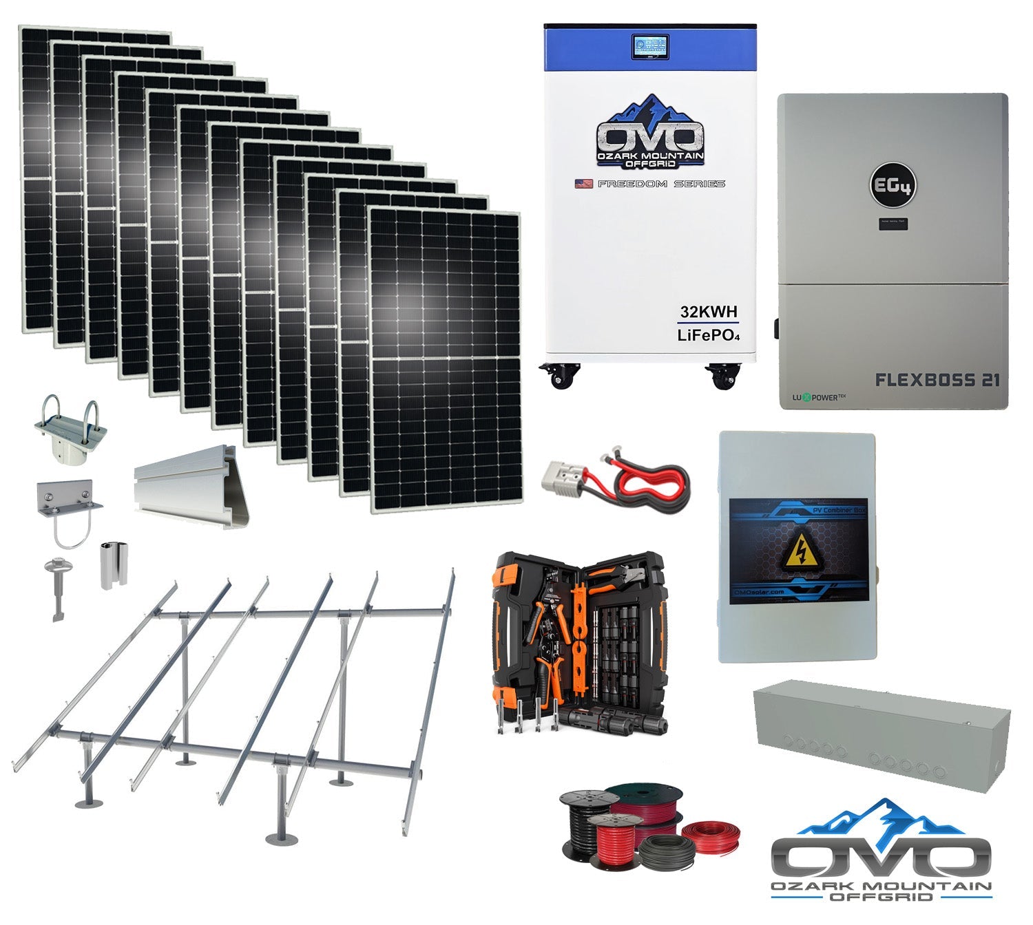 6KW Complete Offgrid Solar Kit + EG4 FlexBOSS21 Inverter + 32KW OMO 48V Freedom Series Lithium Battery + 6.6KW Solar with Ground Mount and Wiring (SC)