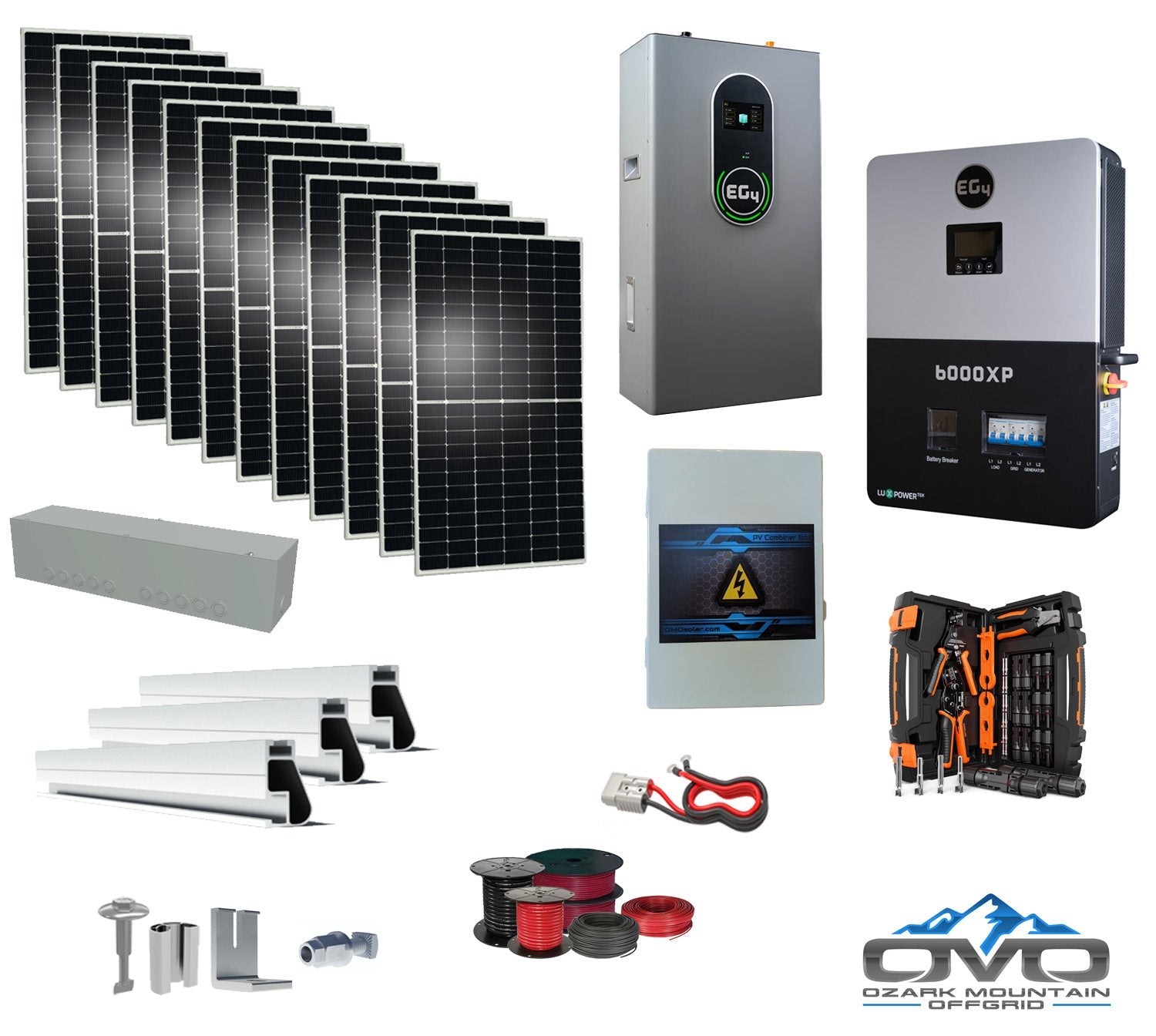6KW Complete Offgrid Solar Kit + 6K EG4 6000XP Inverter + 14.3KW 48V EG4 Lithium Indoor Wall Battery + 6.6KW Solar with Roof Mounting Rails and Wiring (SC)