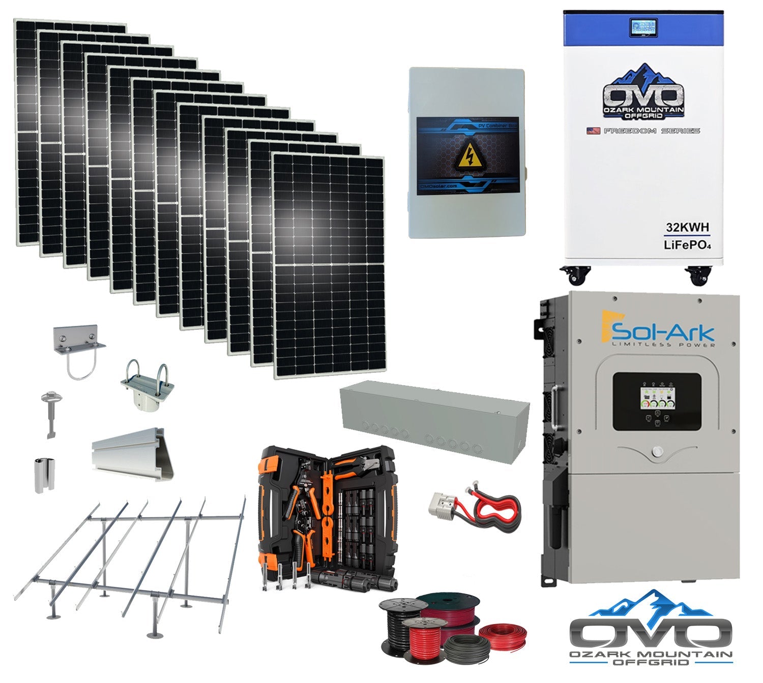 6KW Complete Offgrid Solar Kit - 32kWh OMO 48V Freedom Series Lithium Battery  + 15K Sol-Ark Inverter +6.6KW Solar with Ground Mount Rails and Wiring (SC)