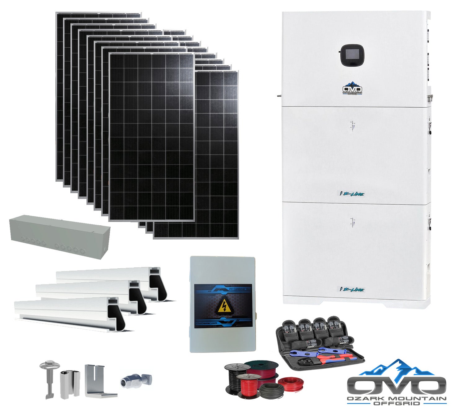 6KW Offgrid Solar Kit - 10K OMO E-Line 120V/240V Inverter + 2x 10.24KW OMO E-Line Lithium Battery + 6080 Watts Solar + Roof Mount and Wiring (SC)