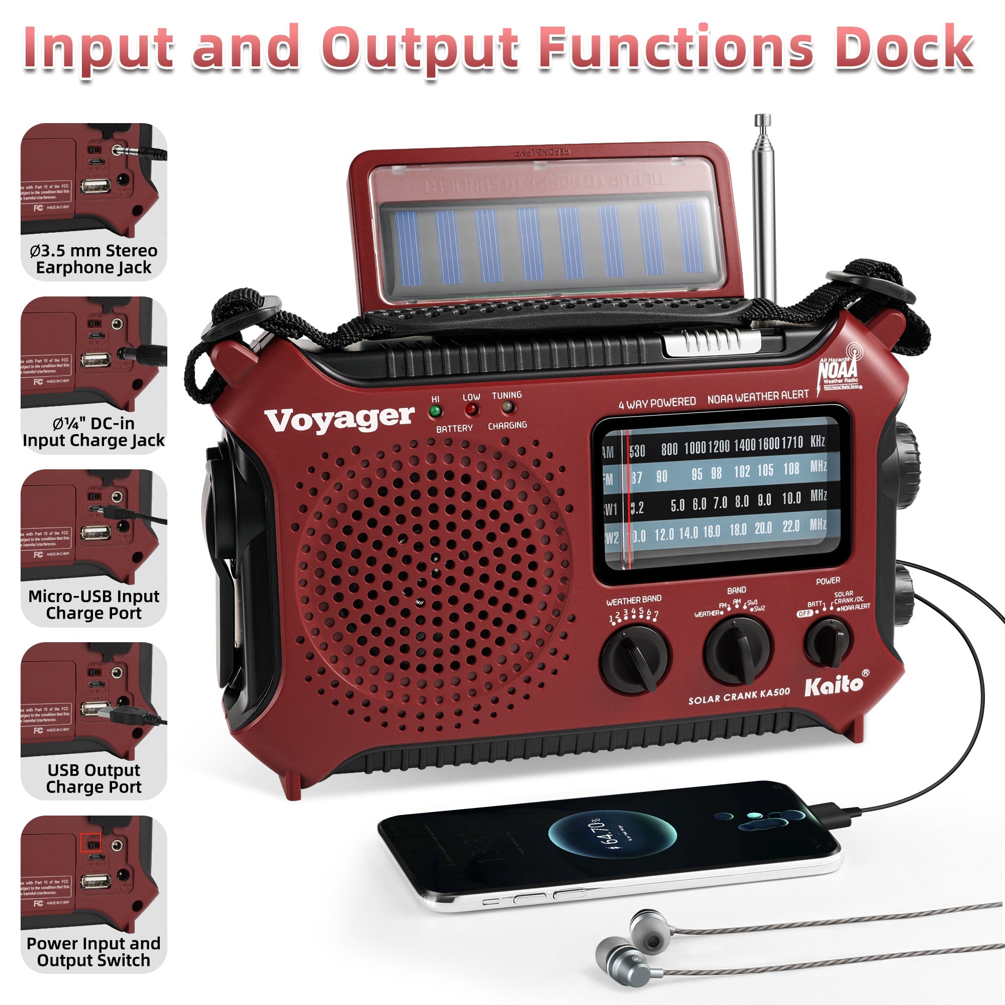 Kaito KA500 AM FM Shortwave Solar Crank Emergency Weather Alert Radio - Red (SC)