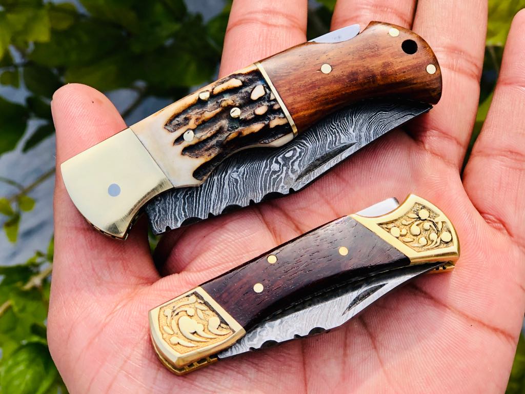 Pair Of Damascus Blade Edc Folding Knives (SC)