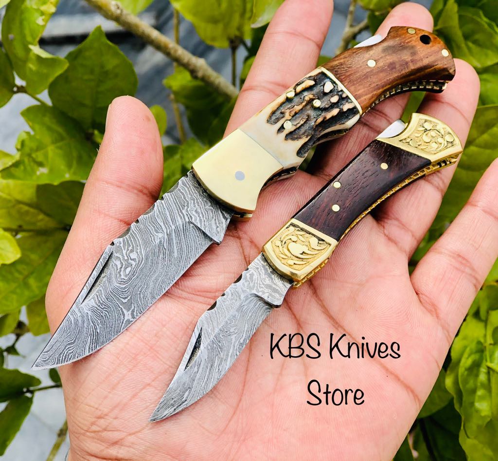 Pair Of Damascus Blade Edc Folding Knives (SC)