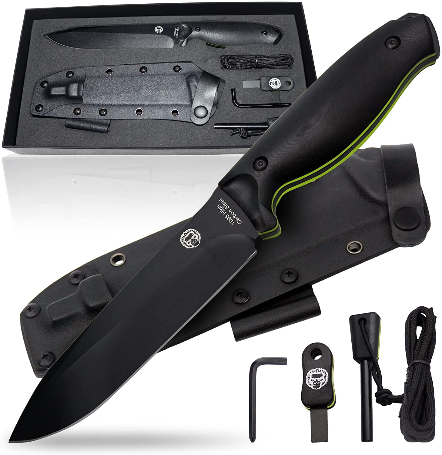 "The Fireline" Bushcraft Survival Knife with 1095 High Carbon Blade Giftset (Black and Green) (SC)