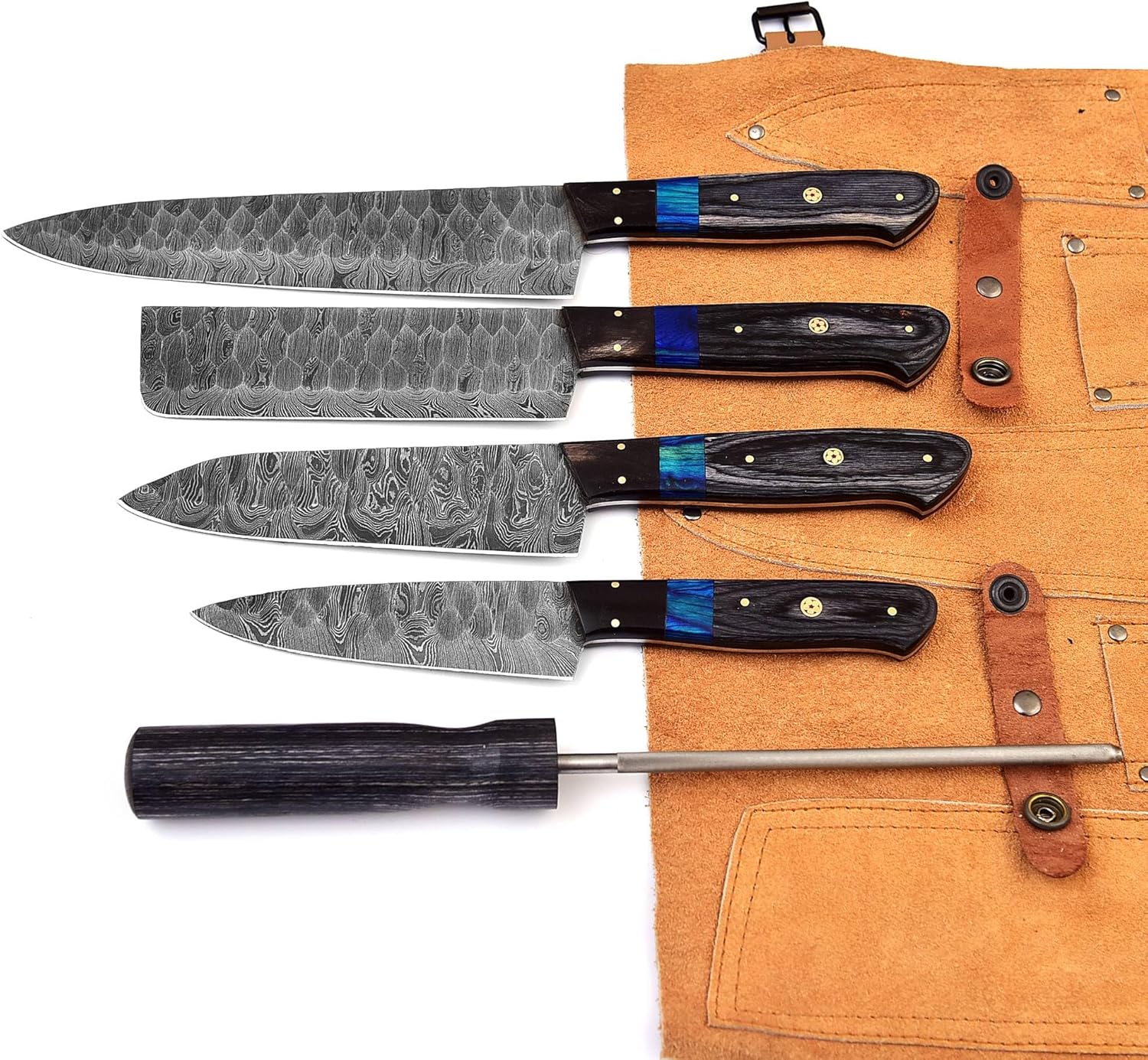 Custom Handmade Damascus Kitchen Knife Set with Sharpener (SC)