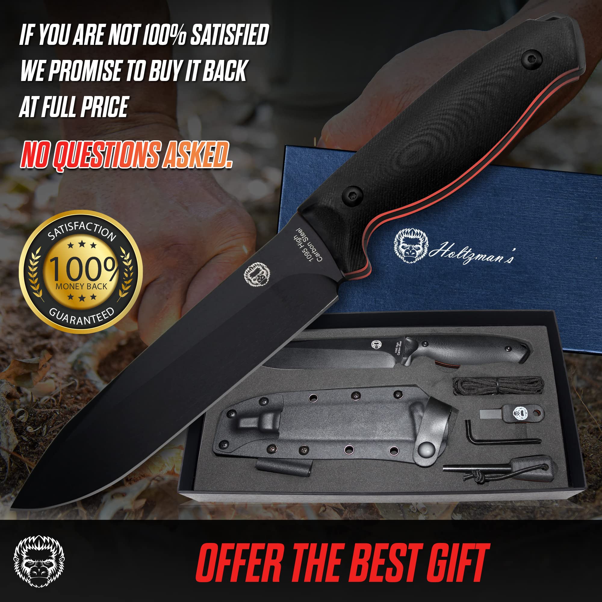 "The Fireline" Bushcraft Survival Knife with 1095 High Carbon Blade Giftset (Black and Orange) (SC)