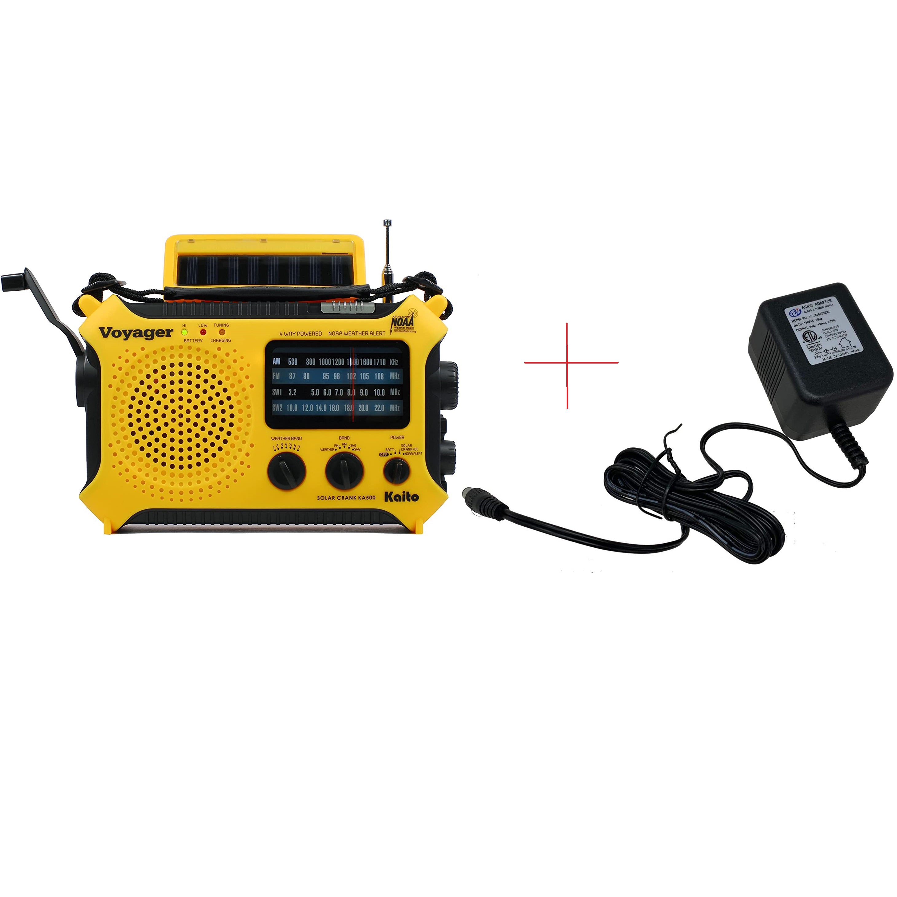 Kaito KA500 Voyager Solar Crank Emergency Weather Alert Radio with Adapter, Yellow (SC)
