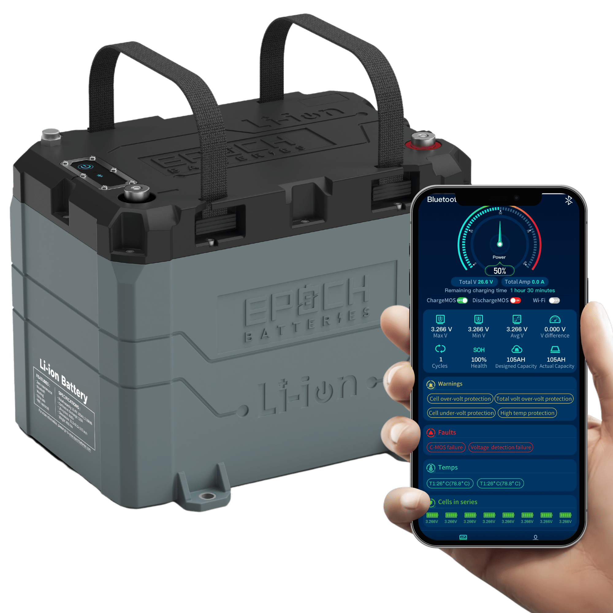 Epoch 24V 100Ah LiFePO4 Lithium Battery - Bluetooth, Heating, Waterproof (SC)