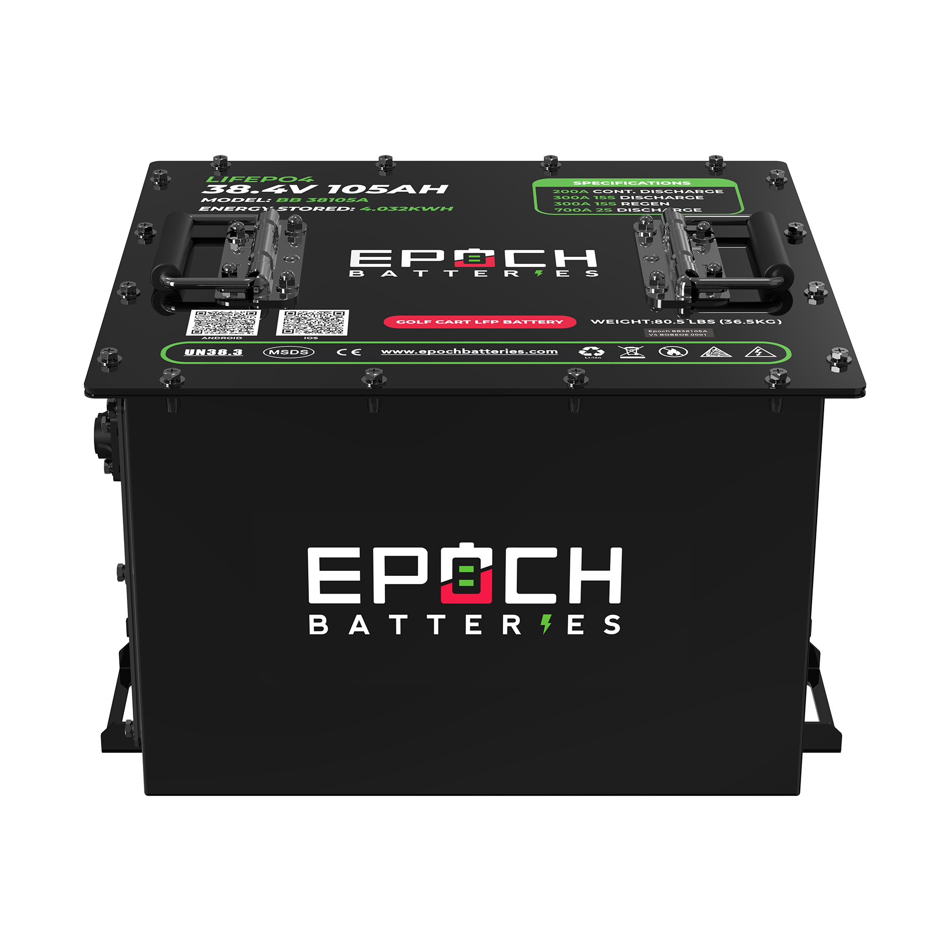 Epoch 36V 105Ah - LiMax Series - Lithium (LiFePO4) Golf Cart Battery - Complete Kit (SC)