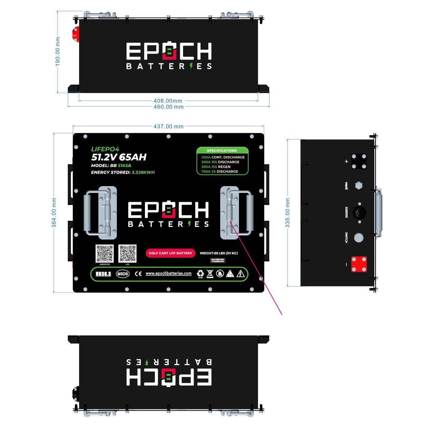 Epoch Batteries 48V 65Ah - LiMax Series - Lithium (LiFePO4) Golf Cart Battery - Complete Kit