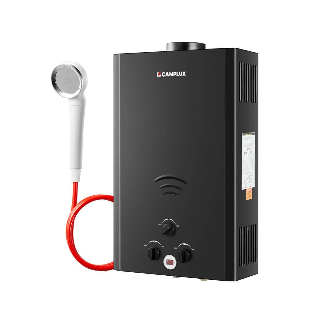 CAMPLUX Gas Water Heater 20 litres, Instant LPG Water Heater for Garden Shower, RV, Tiny House, ECO/Full Mode, BW Series BW528B [Energy Class A]