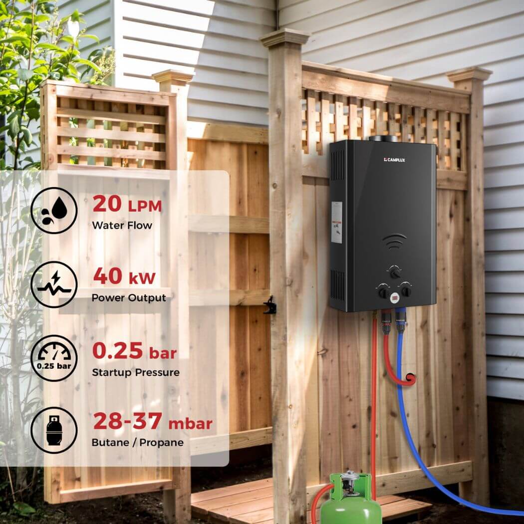 CAMPLUX Gas Water Heater 20 litres, Instant LPG Water Heater for Garden Shower, RV, Tiny House, ECO/Full Mode, BW Series BW528B [Energy Class A]