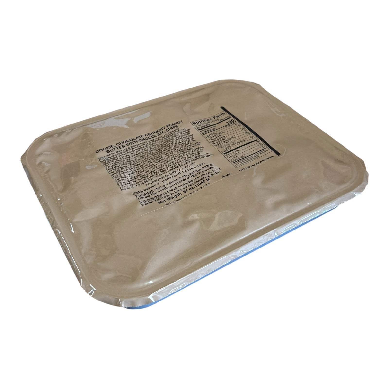 Military MRE Tray Pack, Chocolate Crunchy Peanut Butter Cookies with Chocolate Chips, Ready to Eat (UGR Component) (SC)