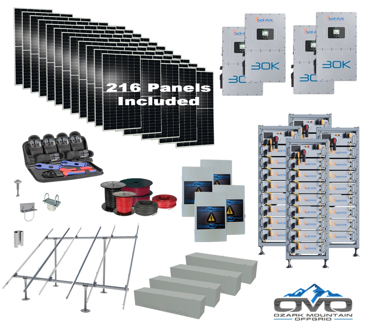 Commercial 120KW Solar Array - 3 Phase 208V Solar Kit + 4x 30K 208V Sol-Ark Inverter + 4x 40KW Sol-Ark INDOOR Lithium Battery +118.8KW Solar with Ground Mount and Wiring (SC)
