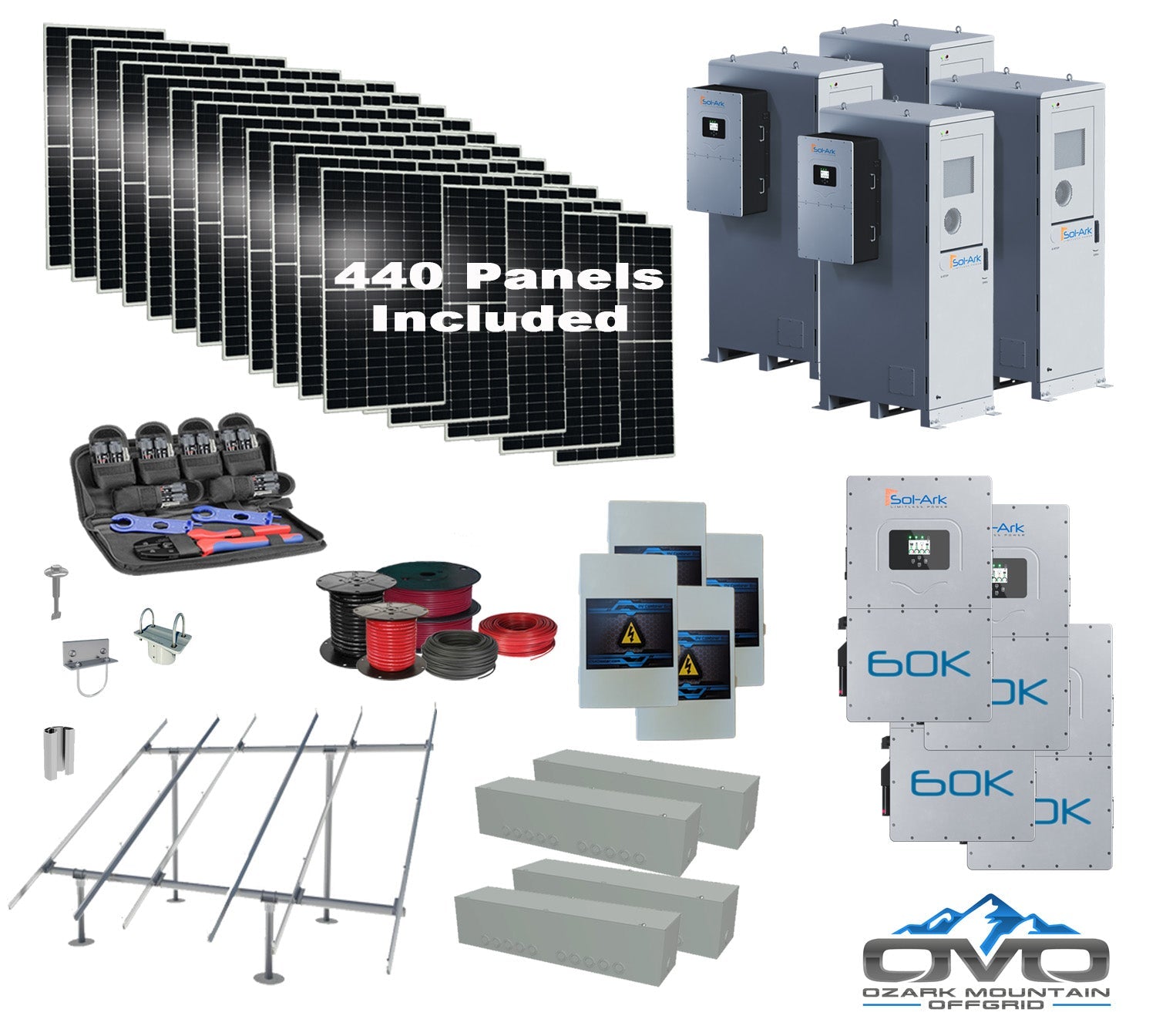 Commercial 240KW Solar Array - 3 Phase 480V Solar Kit + 4x 60K 480V Sol-Ark Inverter + 4x 60KW Sol-Ark OUTDOOR Lithium Battery +242KW Solar with Ground Mount and Wiring (SC)