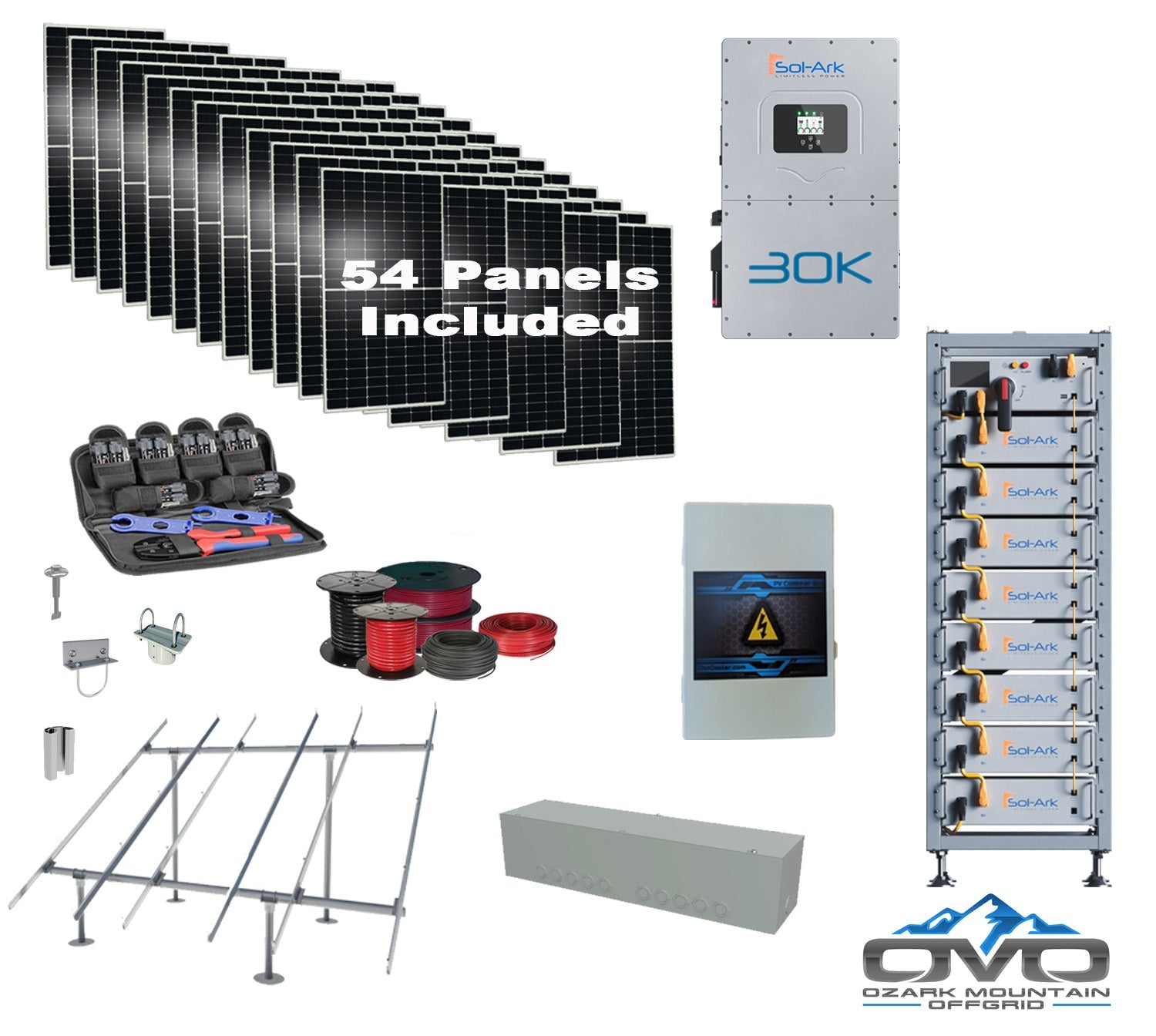 Commercial 30KW Solar Array - 3 Phase 208V Solar Kit + 30K 208V Sol-Ark Inverter + 40KW Sol-Ark INDOOR Lithium Battery +29.7KW Solar with Ground Mount and Wiring (SC)