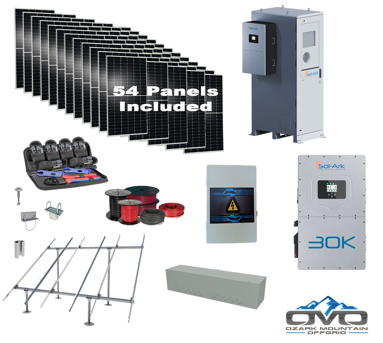 Commercial 30KW Solar Array - 3 Phase 208V Solar Kit + 30K 208V Sol-Ark Inverter + 60KW Sol-Ark OUTDOOR Lithium Battery +29.7KW Solar with Ground Mount and Wiring (SC)