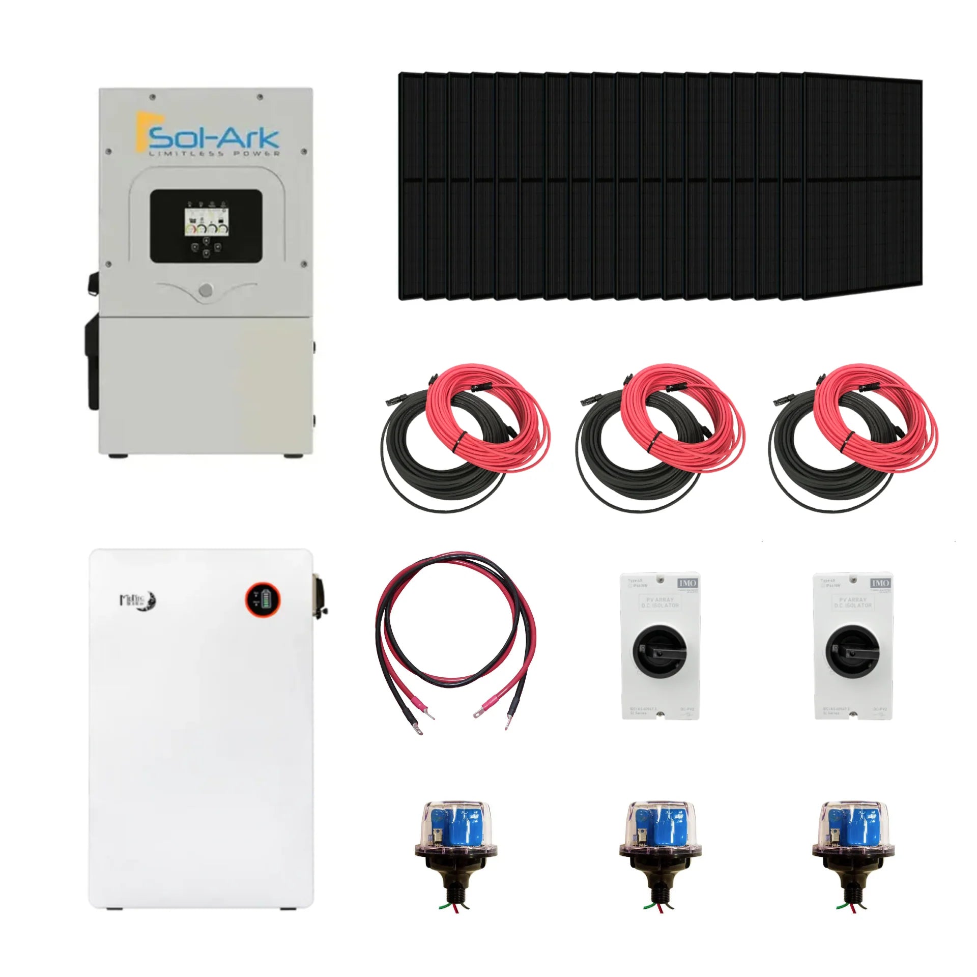 Complete Hybrid Solar Kit - Sol-Ark 15K Hybrid Inverter | 15kW 120/240V Output | 48V 310AH 16.1kWh Midnite Power AllWeather Lithium Battery | 13.5kW+ Solar PV (SC)