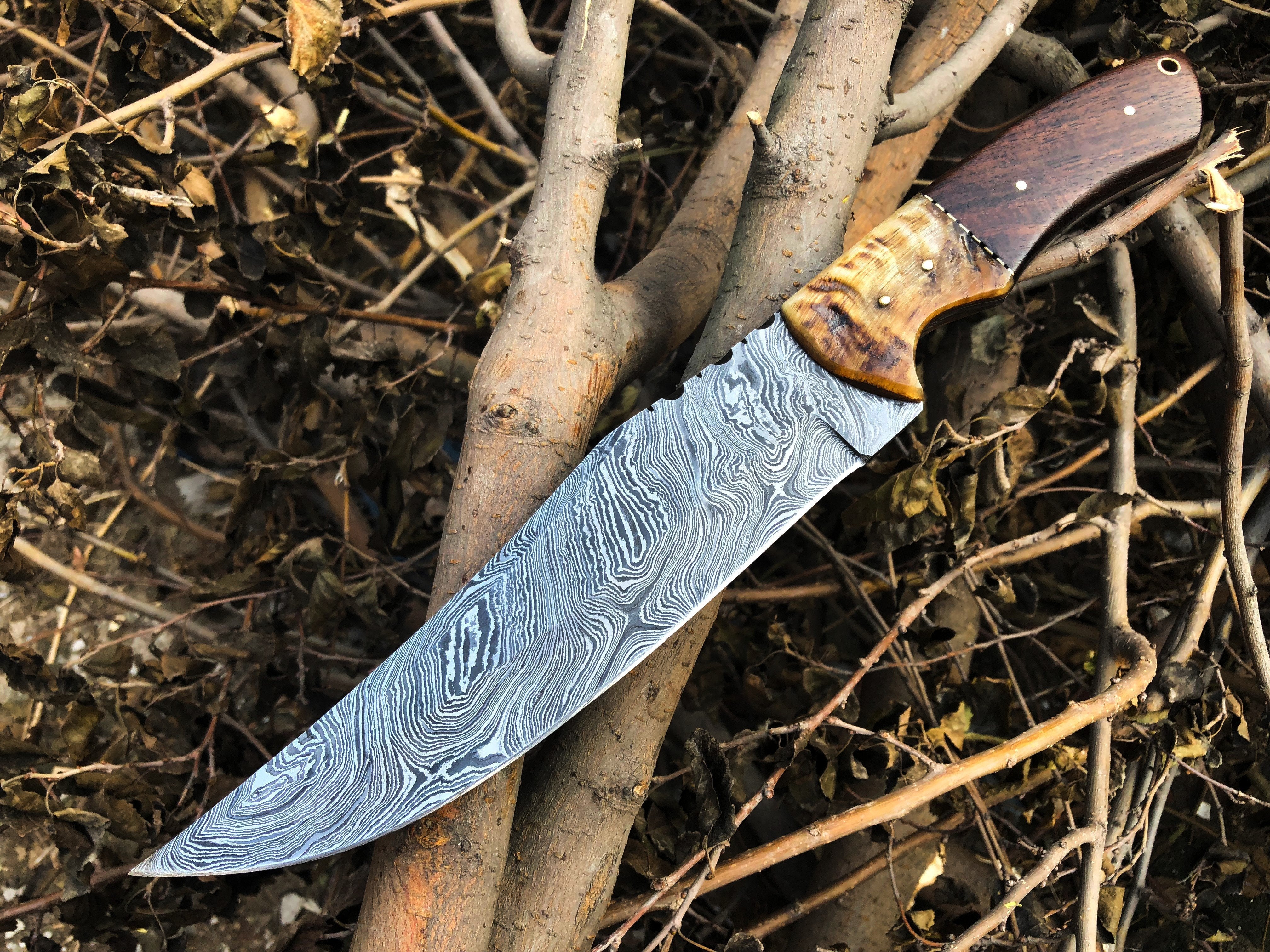 Custom Handcrafted Damascus Steel Hunting Bowie Knife with Rosewood & Sheep Horn Handle – 13-Inch Blade for Sale by KBS Knives (SC)