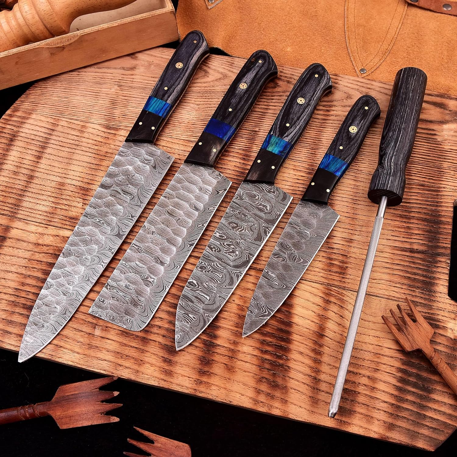 Custom Handmade Damascus Kitchen Knife Set with Sharpener (SC)