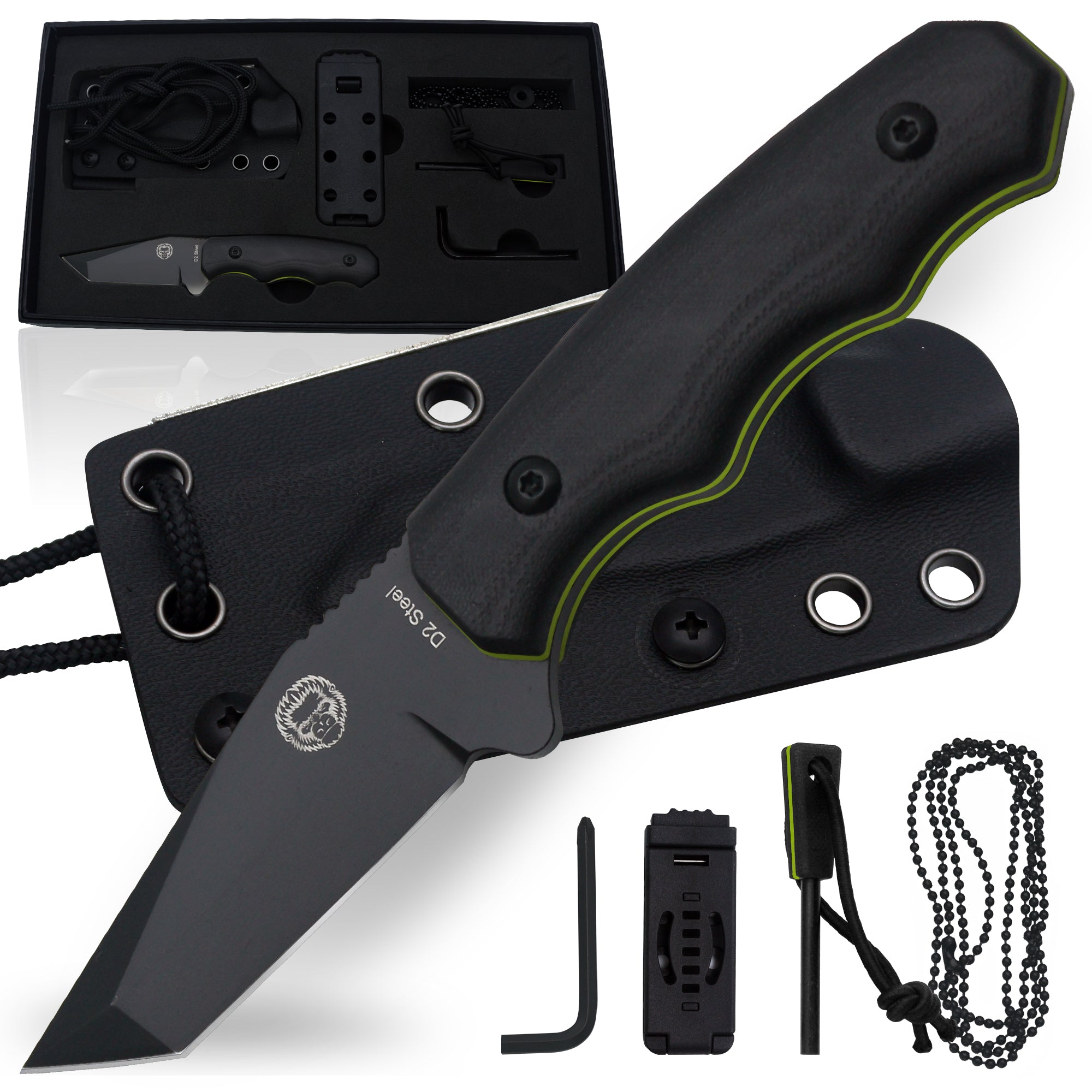The Wakizashi Survival Neck Knife Giftset for Outdoors (Black Blade + Green Liner) (SC)