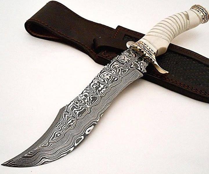 Fancy Bowie Knife - Custom Handcrafted Damascus Steel Blade, Bone Handle with Brass Guard and Spacers, 15" Overall Length | Leather Sheath | KBS Knives (SC)