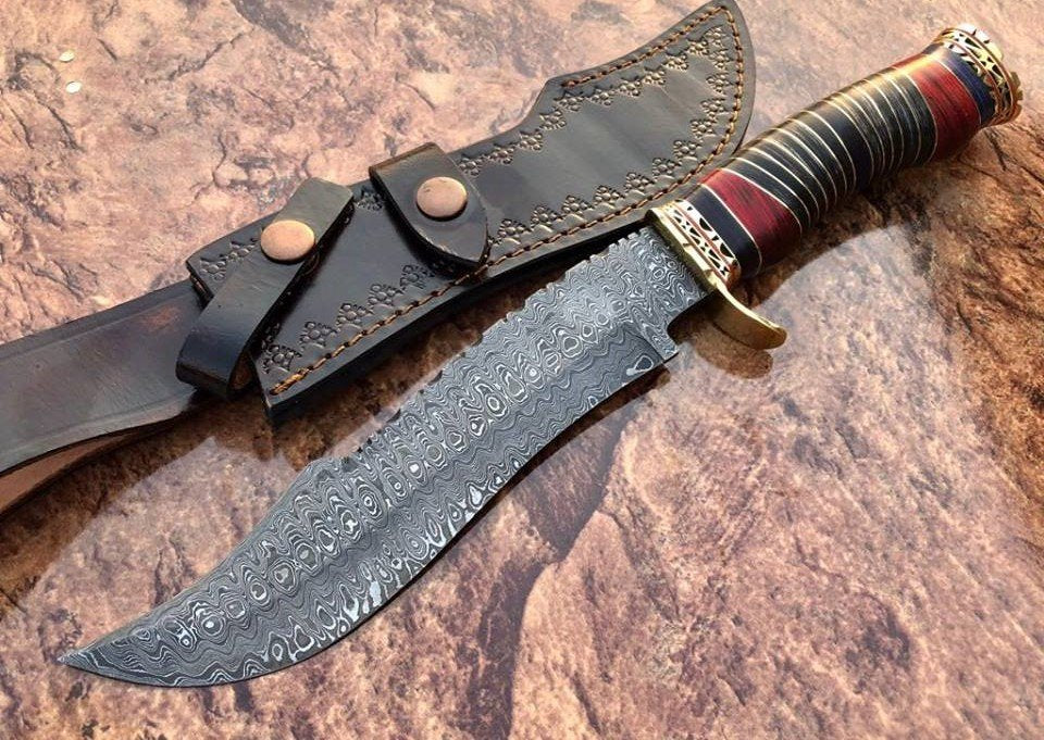 Fancy Bowie Knife - Custom Handcrafted Damascus Steel Blade, Colored Woods Handle, Brass Spacers and Guard, 15" Overall Length | Leather Sheath | KBS Knives (SC)