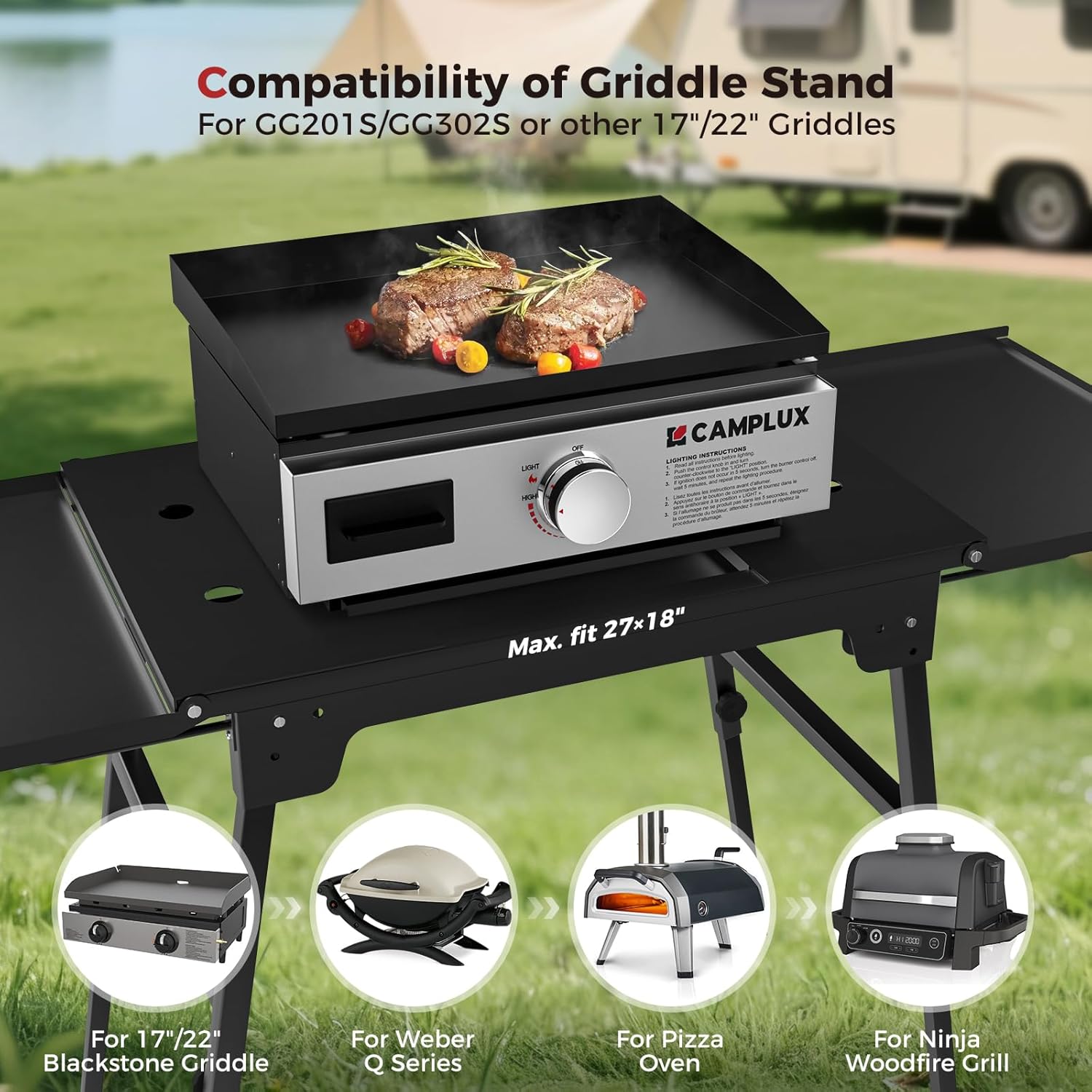 CAMPLUX Griddle Stand for 17” / 22” Tabletop Griddles, Foldable Grill Stand with Dual Side Shelves, 18.1–29.2” Adjustable Height, Anti-Rust Outdoor Griddle Table for Camping & Tailgating