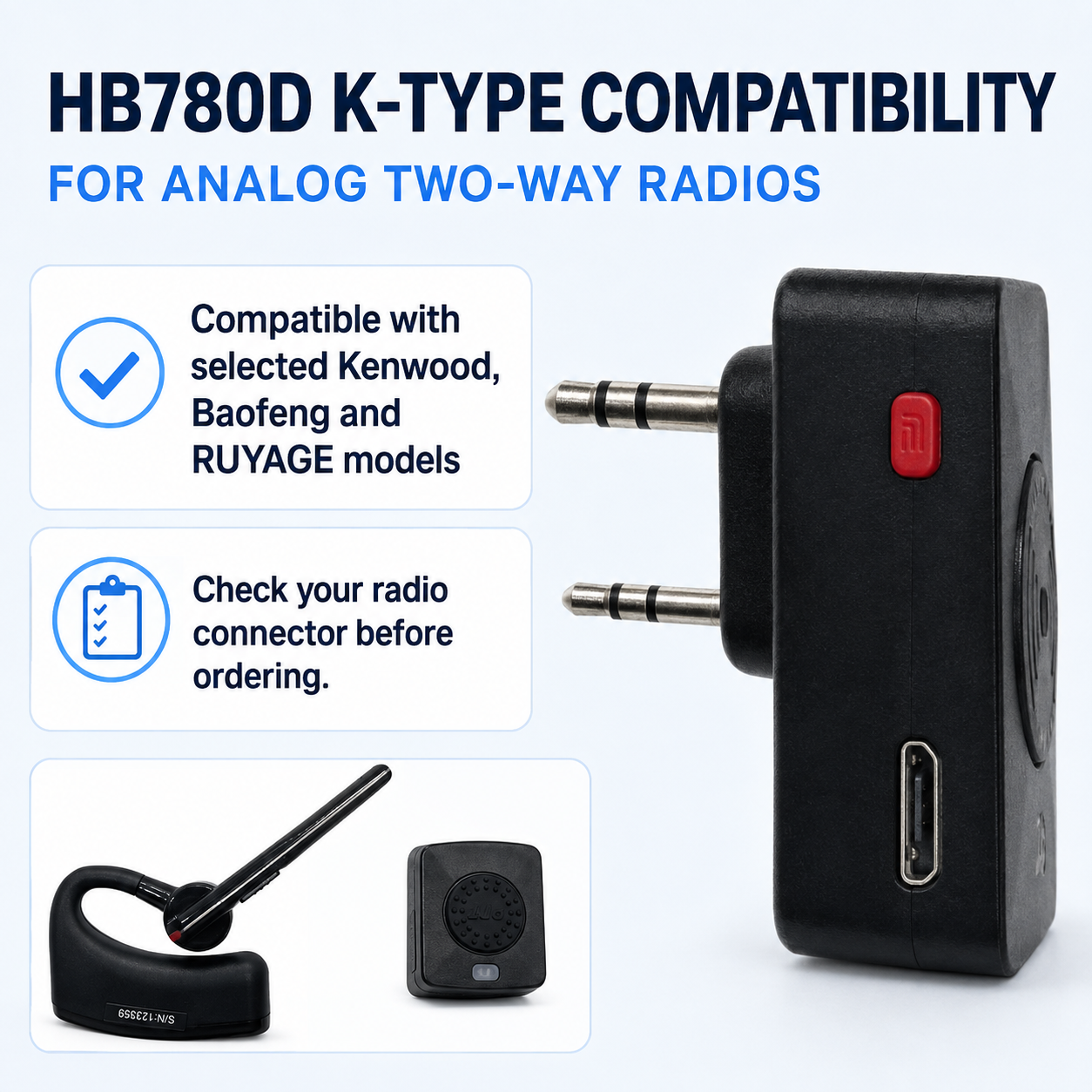 RUYAGE HB780D Bluetooth PTT Headset Kit for K-Type Walkie Talkies